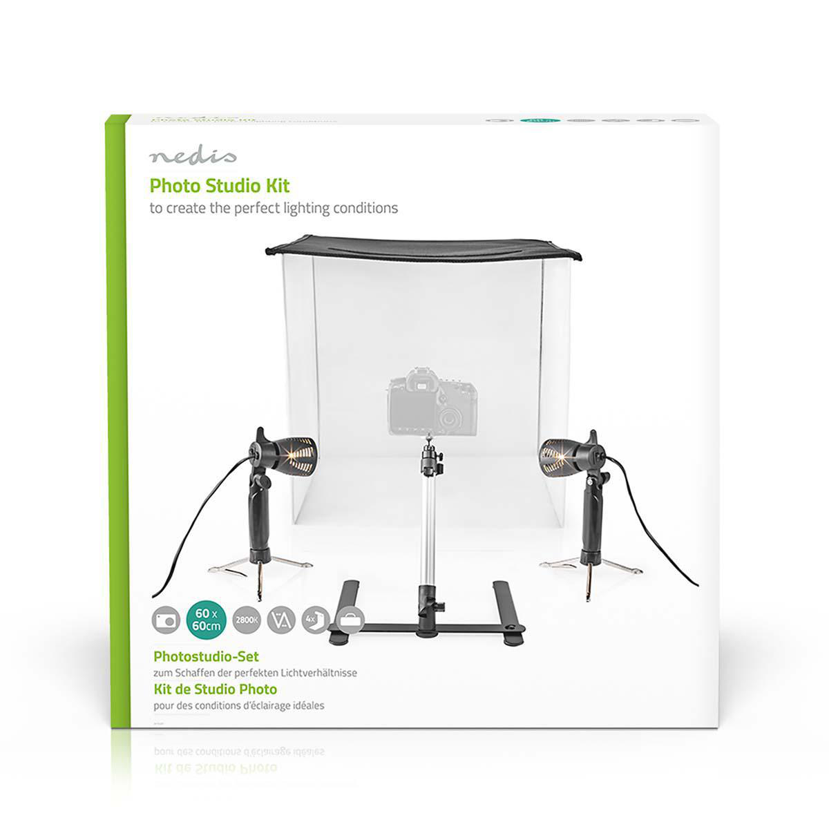 Fotostudio kit box met lampen, statief en achtergrond. Witte achtergrond.