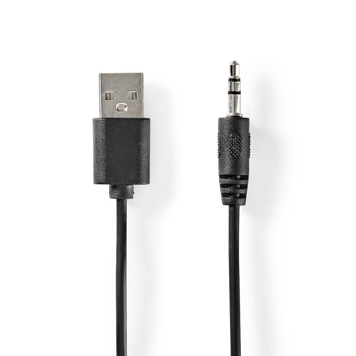 Schwarzes USB-zu-3,5-mm-Audiokabel, weißer Hintergrund. Beide Enden sind sichtbar.