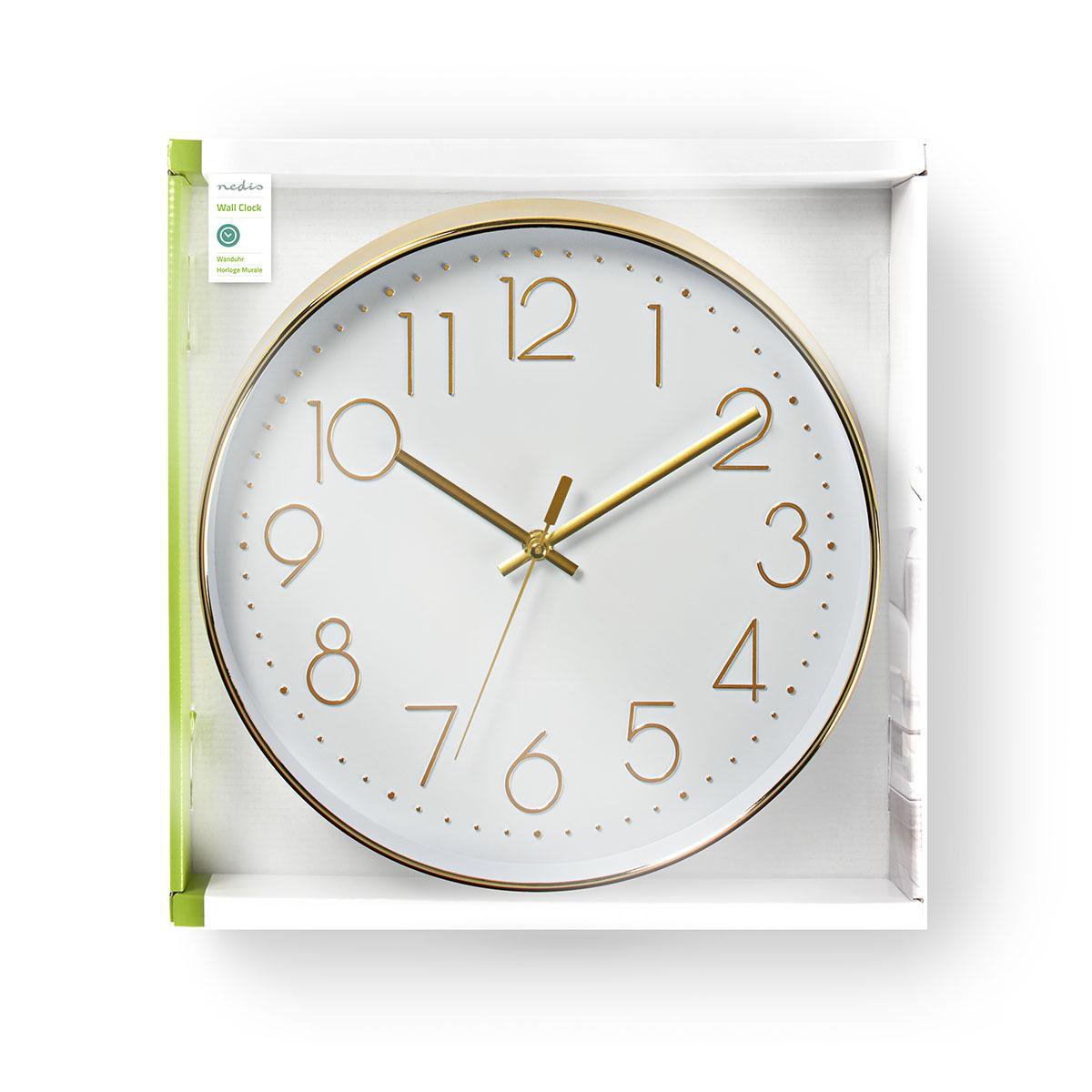 Eine weiße Wanduhr in einer weißen Box, goldene Zahlen und Zeiger. Das Zifferblatt ist weiß.