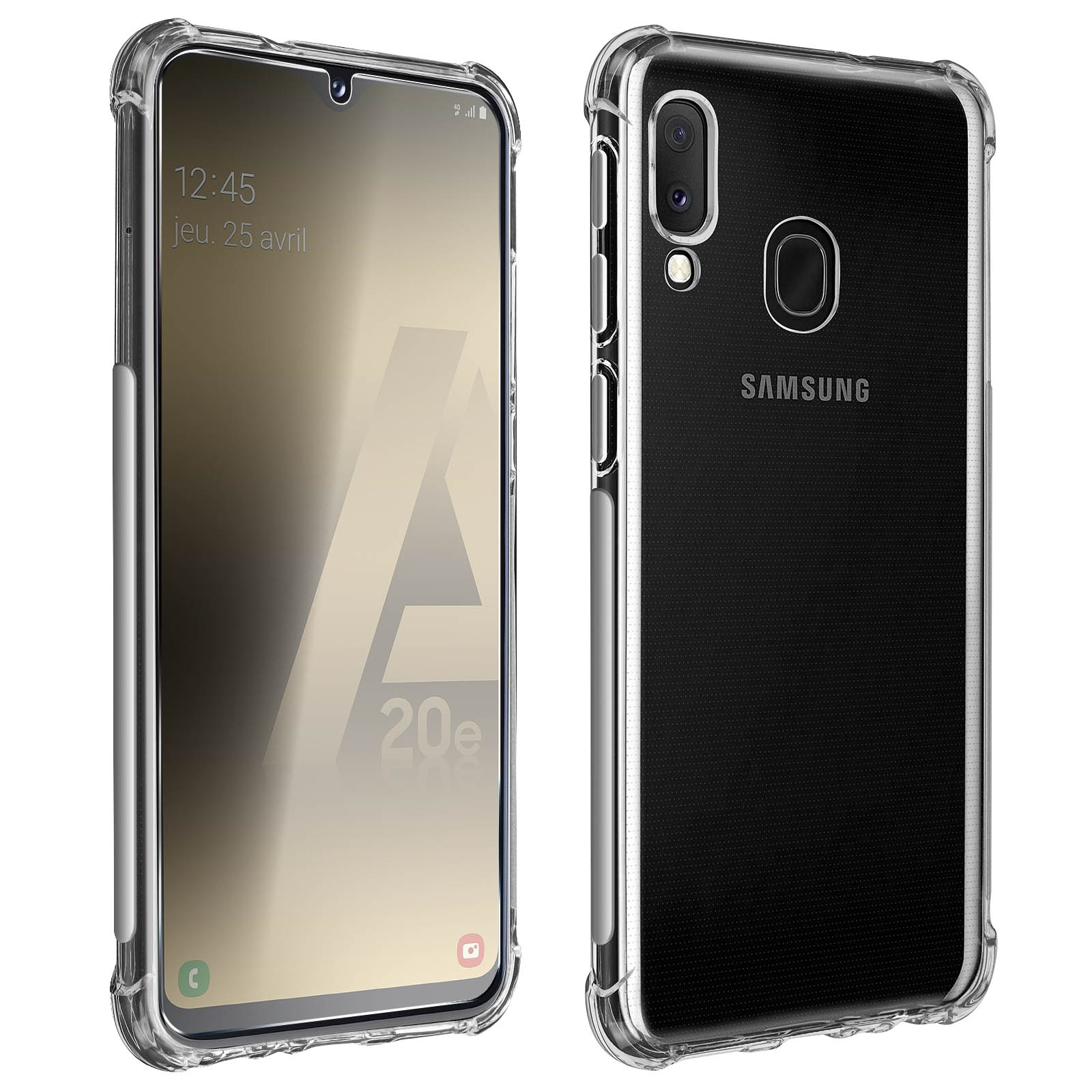 Custodia trasparente sul telefono, schermo visibile, logo Samsung sul retro.