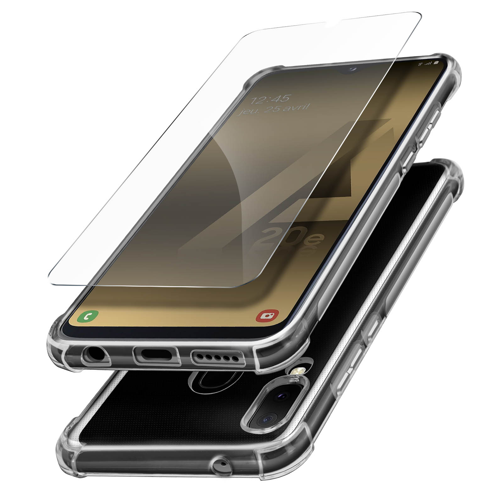 Un telefono con una protezione per lo schermo e una custodia. La protezione per lo schermo è sollevata. Sfondo bianco.