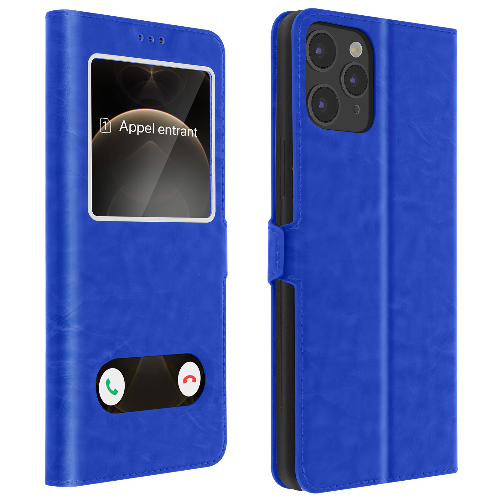 Een blauwe telefoonhoes met een inkomend gesprek scherm. De hoes is open, met een venster en een telefoon erin.