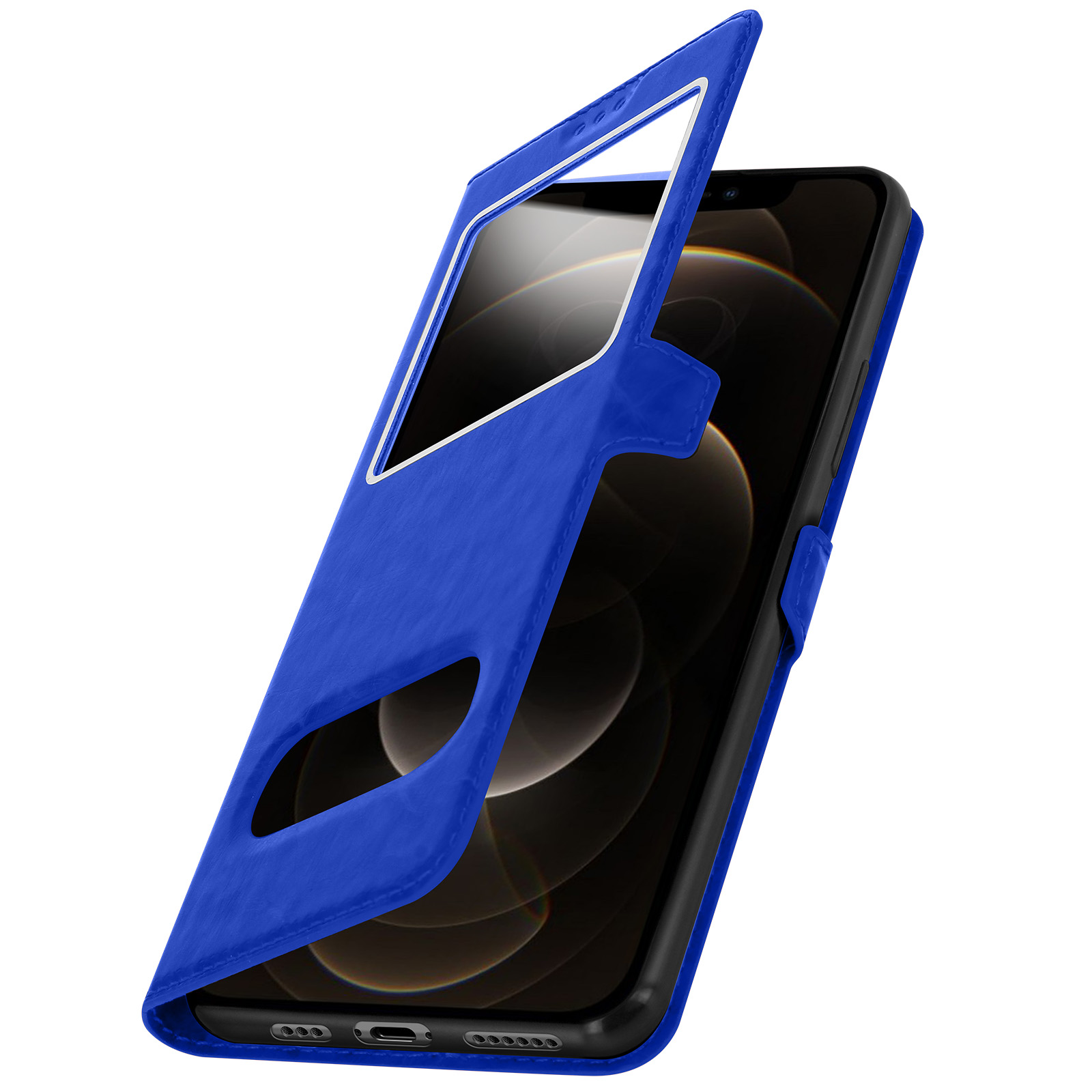 Blauwe telefoonhoes met een venster. Telefoonscherm is zichtbaar door het venster.