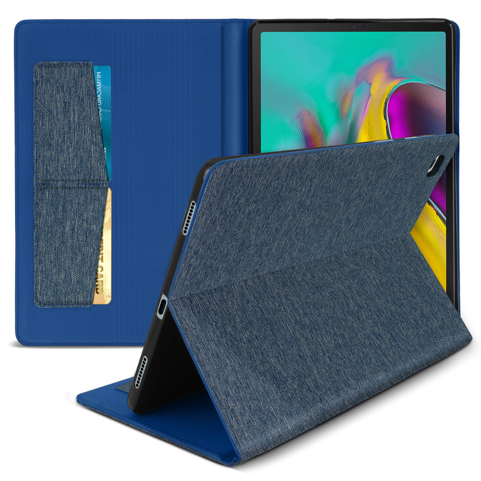 Custodia per tablet blu con texture denim. Ha uno slot per carte di credito. Il tablet è visibile all'interno.