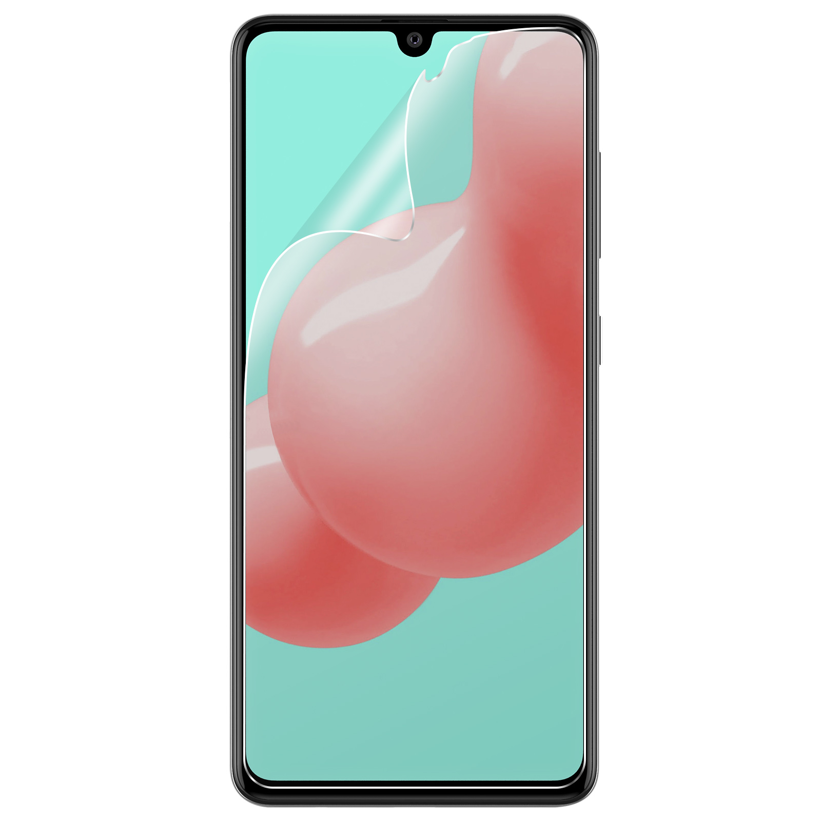 Un telefono con una pellicola protettiva. La pellicola ha una curva sopra l'area della fotocamera.