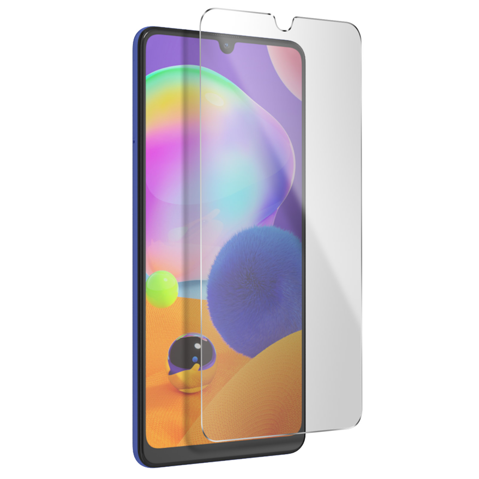 Telefono blu con protezione schermo. Il telefono è a sinistra.