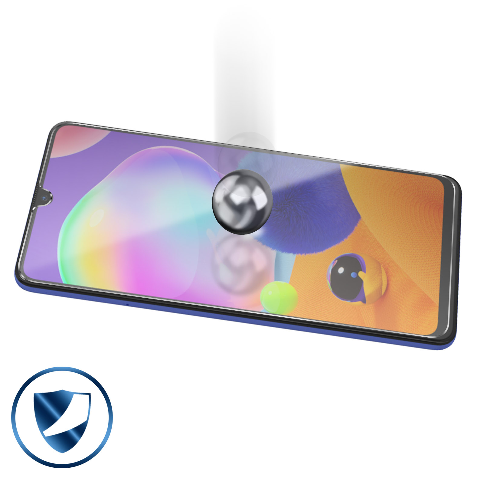 Schermo del telefono con una palla che rompe la protezione dello schermo. Viene visualizzata un'icona a scudo protettivo.