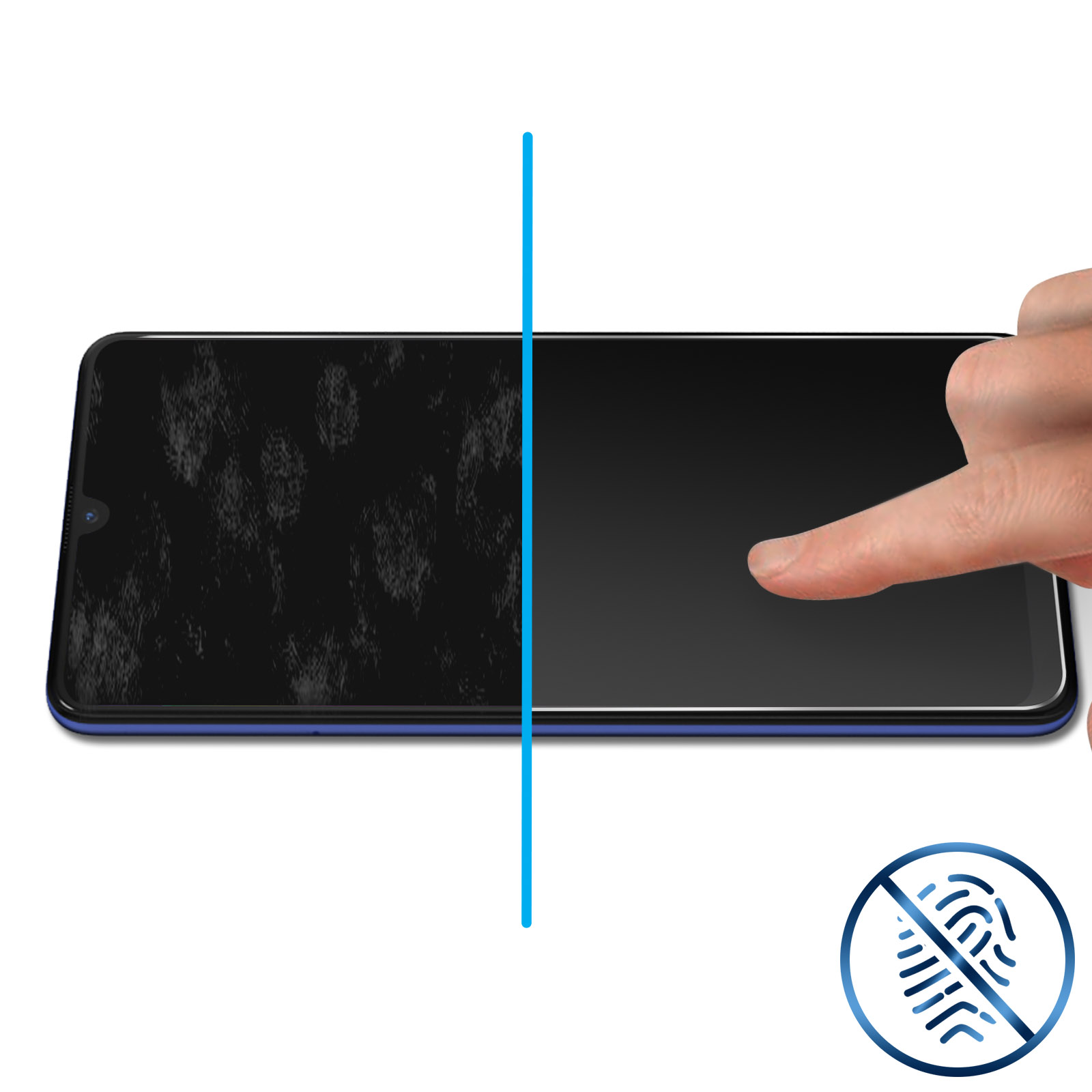 Schermo del telefono con impronte digitali, in fase di pulizia. Una linea blu divide lo schermo.
