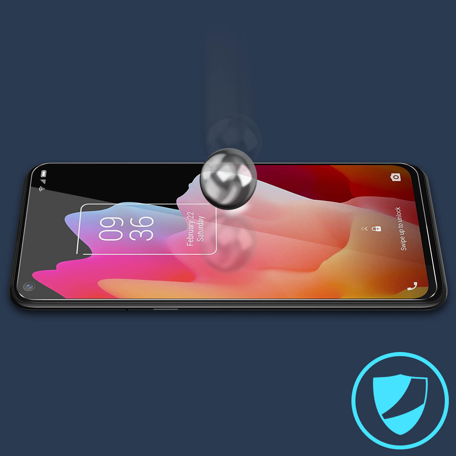 Telefono con protezione schermo. Una sfera argentata lucida sta cadendo.