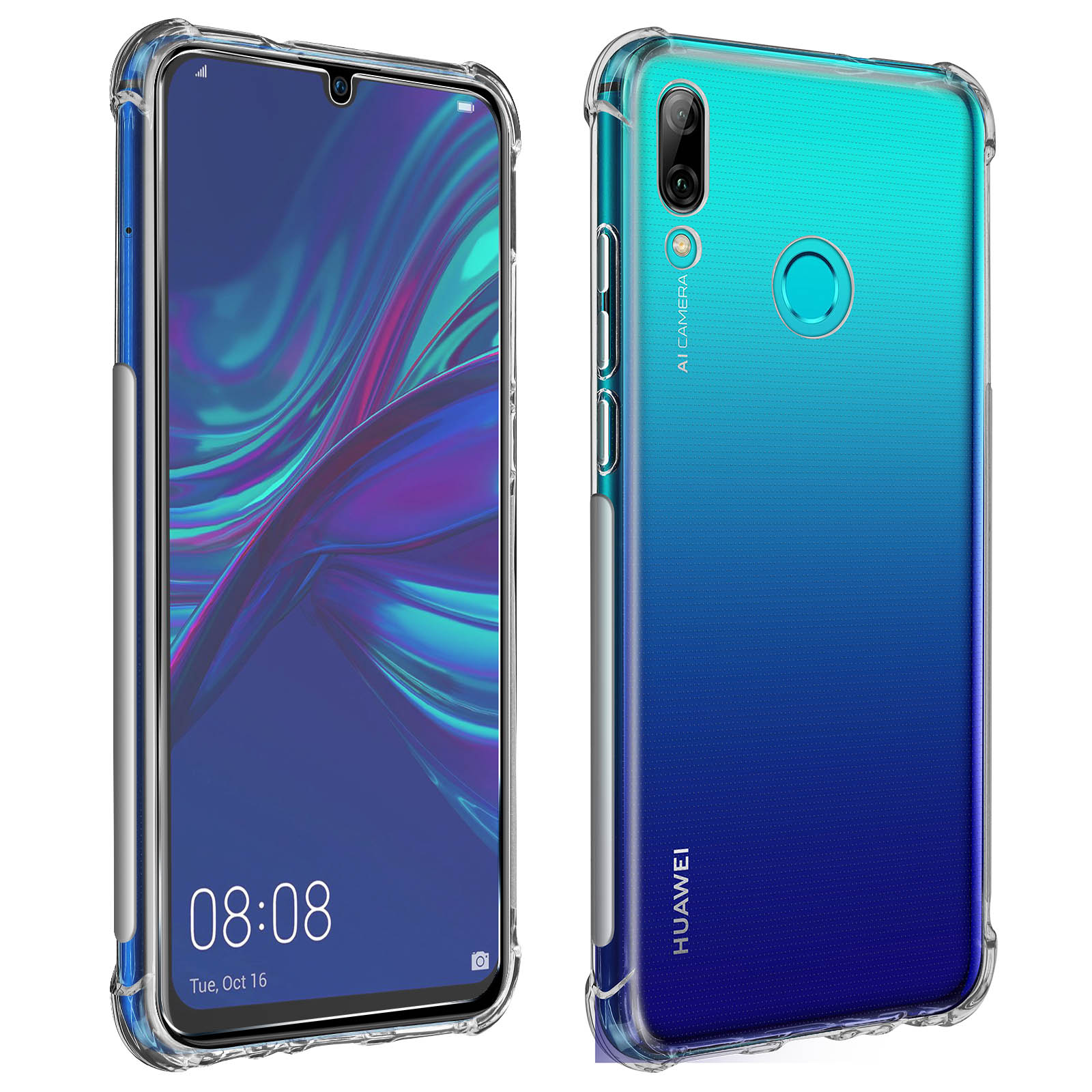 Custodia trasparente per telefono. La parte posteriore è blu e verde.