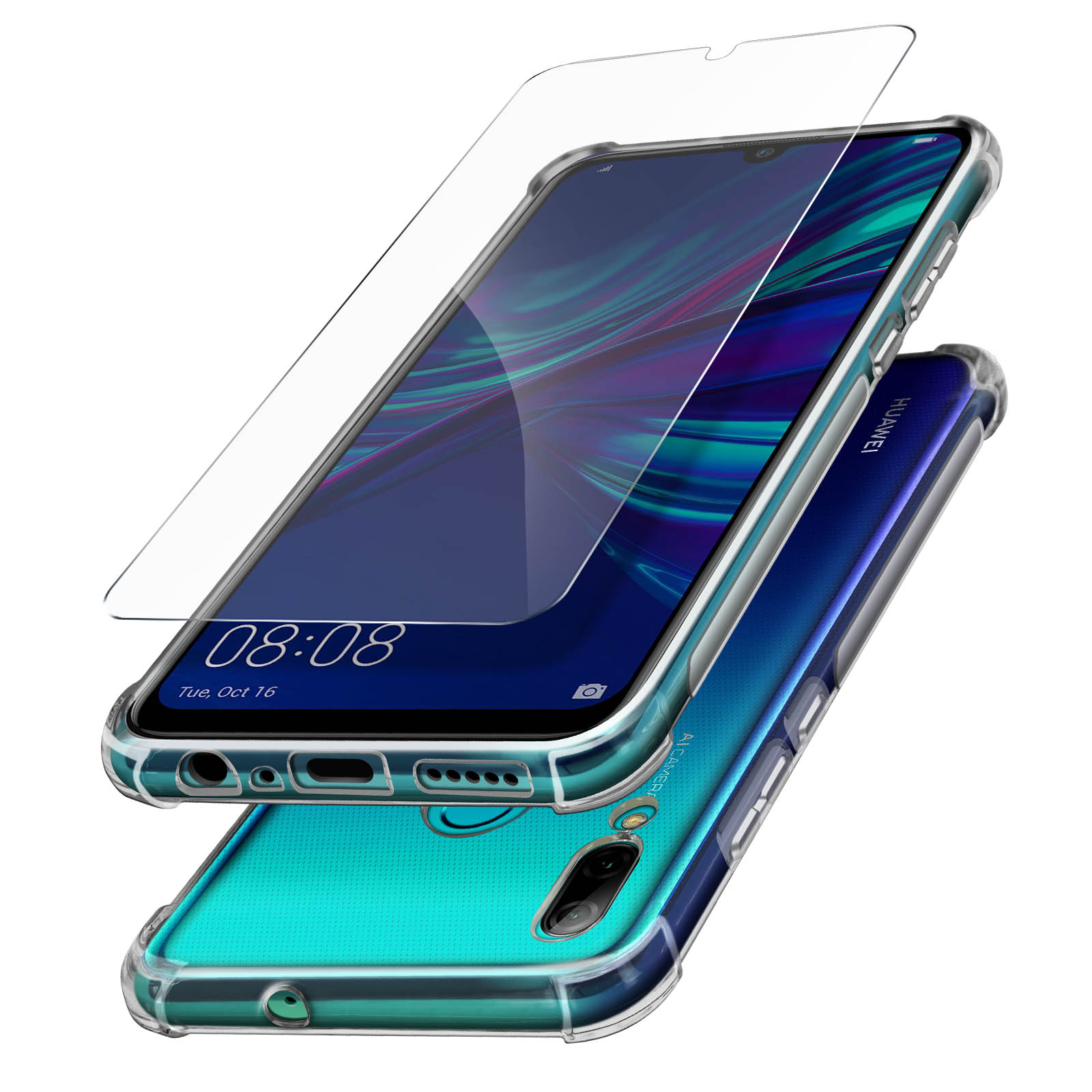 Telefono con custodia trasparente e protezione schermo. Lo schermo mostra 08:08, martedì 16 ott.