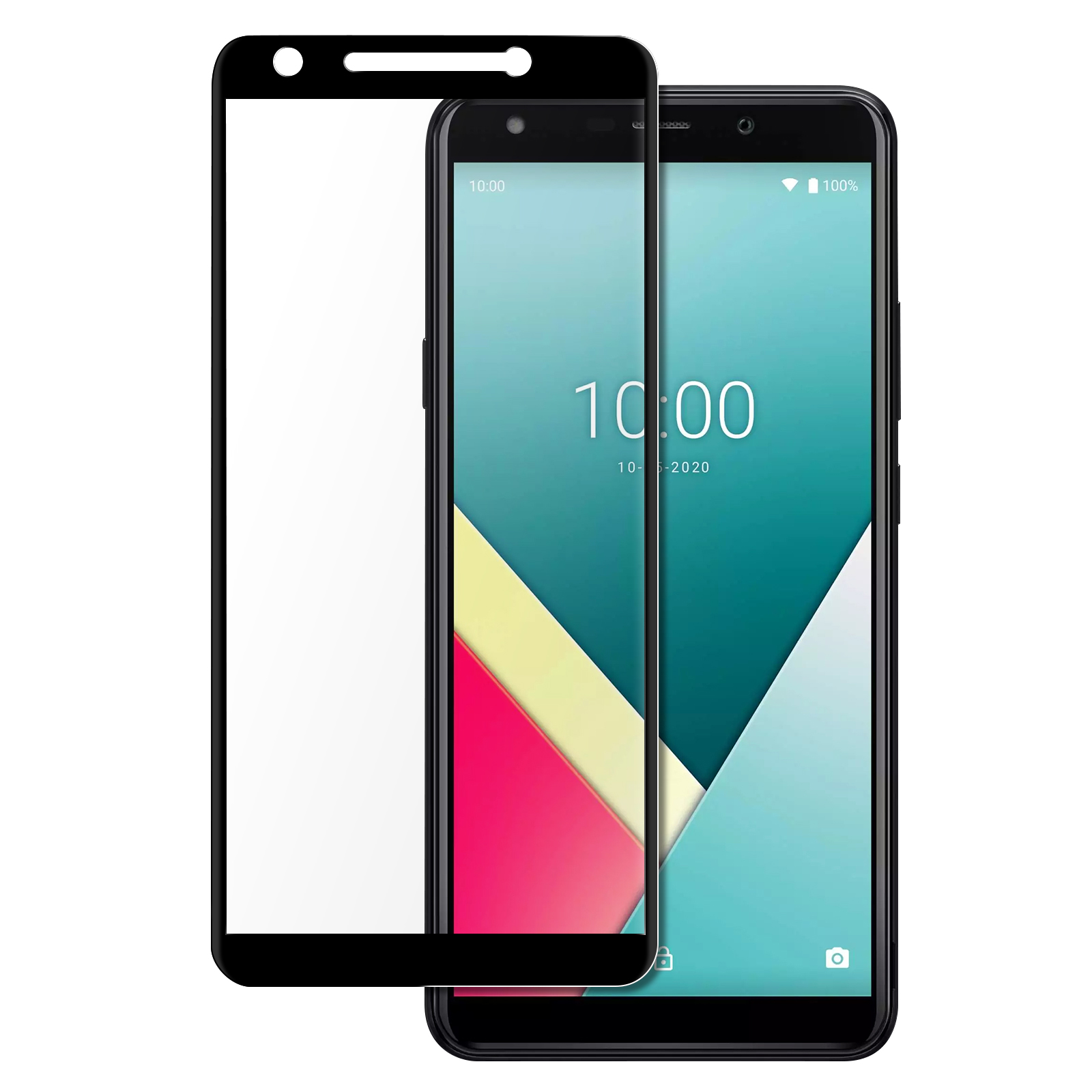 Uno smartphone con protezione schermo. Il telefono mostra l'ora 10:00. Lo schermo ha forme astratte colorate.