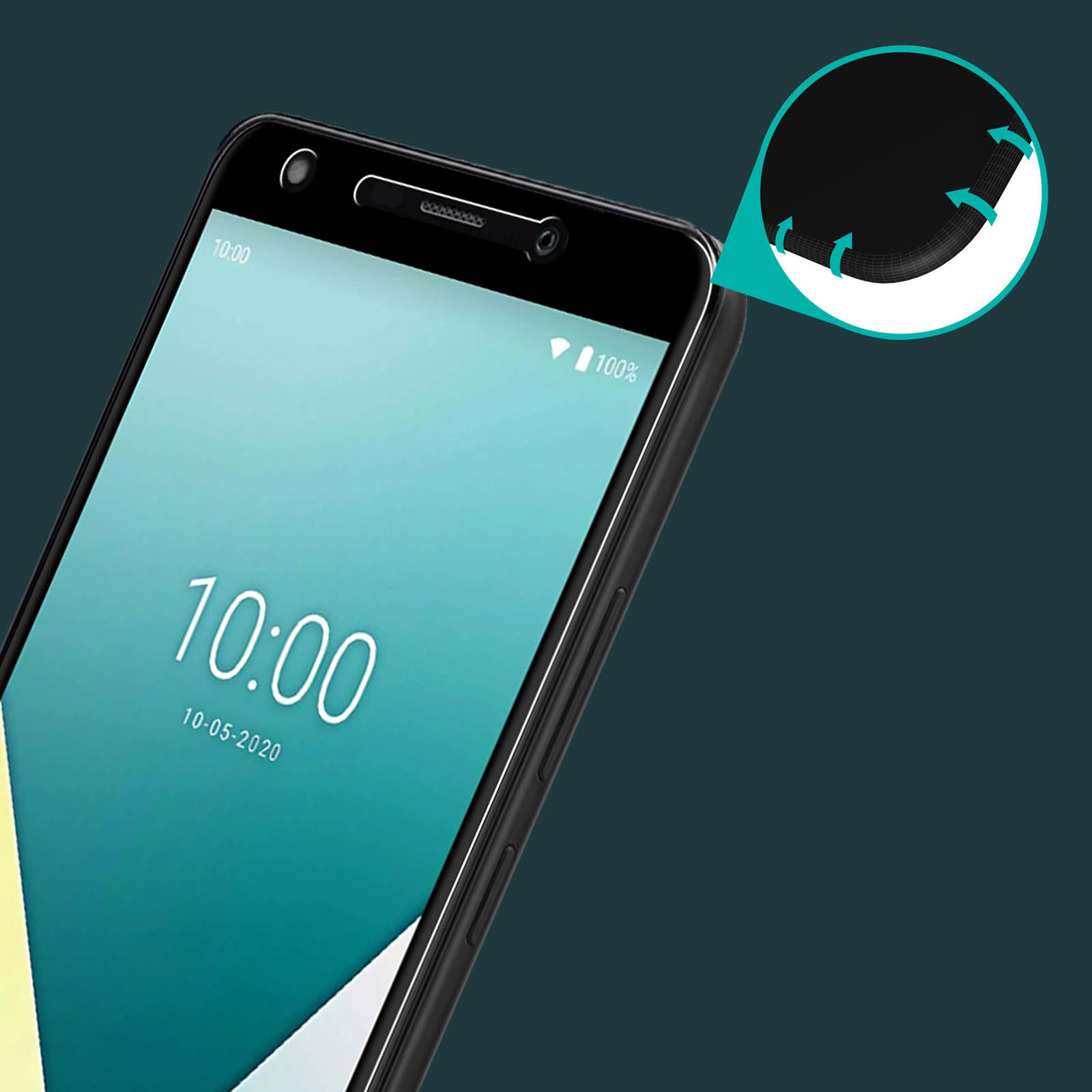 Smartphone nero con schermo turchese che mostra le 10:00 e la data. Dettaglio circolare mostra il bordo del telefono. Sfondo verde-blu.