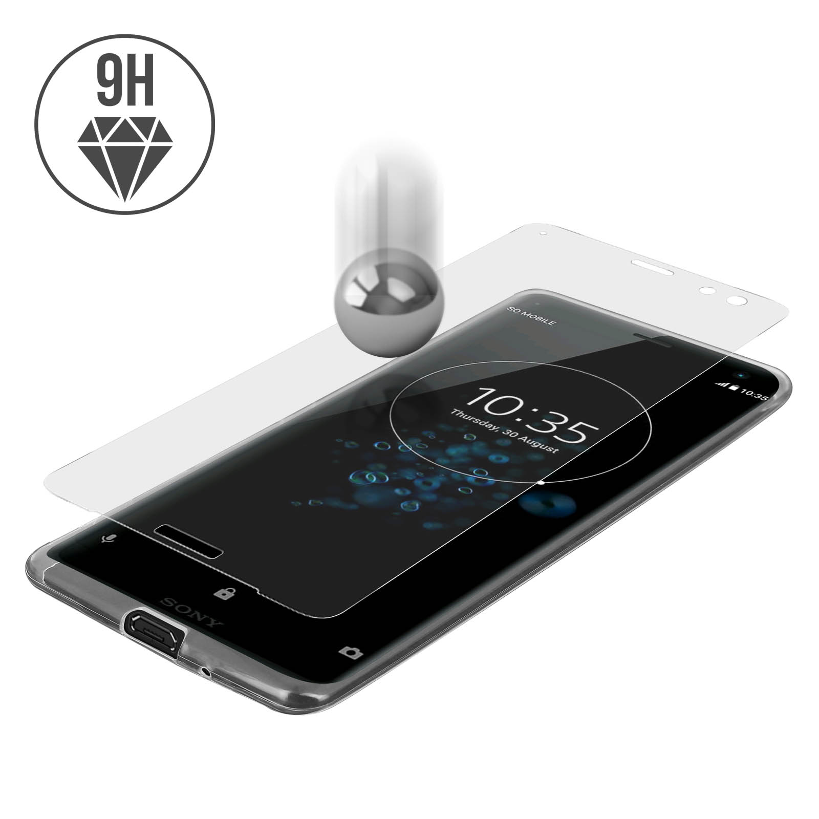 Telefono con protezione schermo in applicazione. Una palla cade verso il telefono.