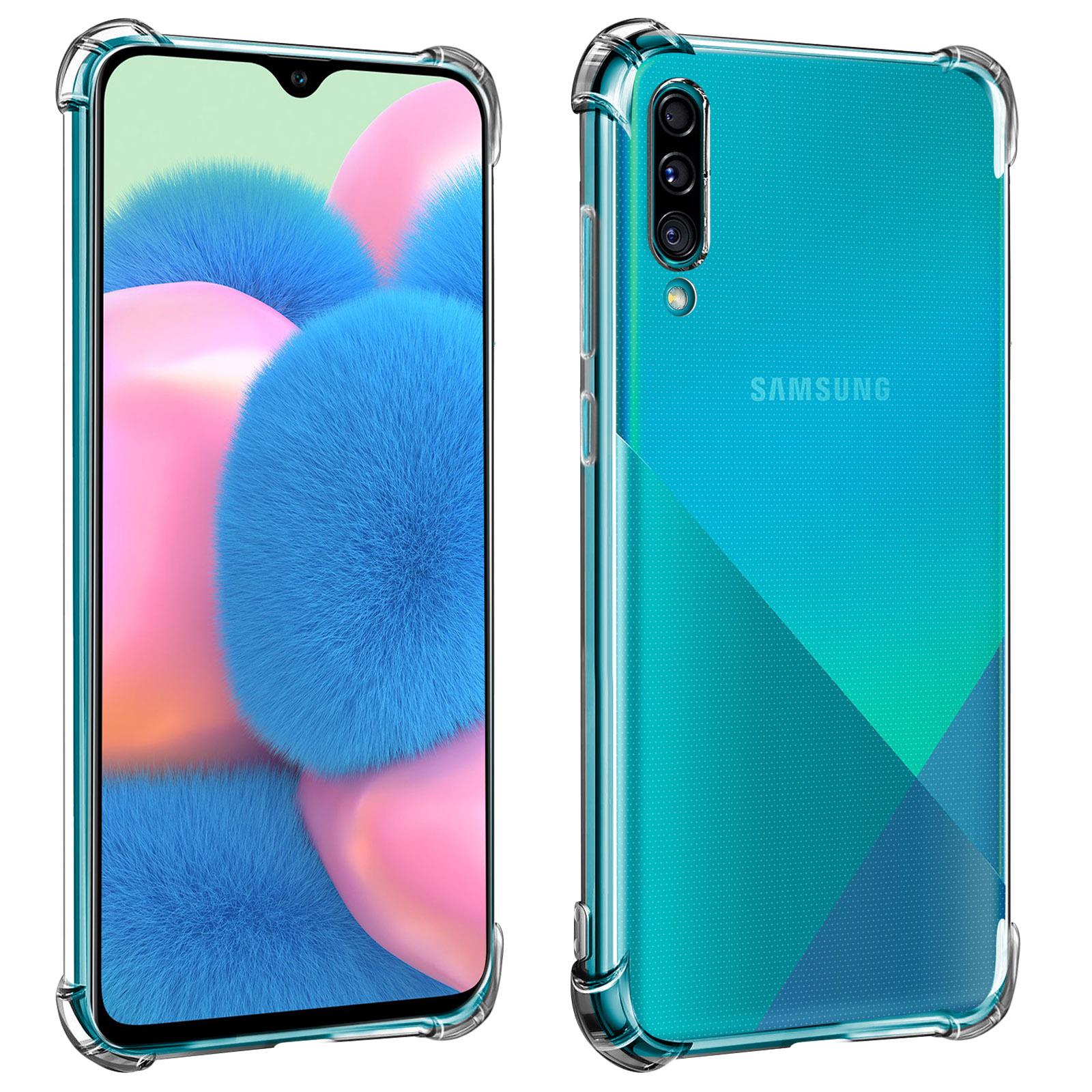 Telefono in una custodia trasparente. Lo schermo mostra uno sfondo astratto blu e rosa.