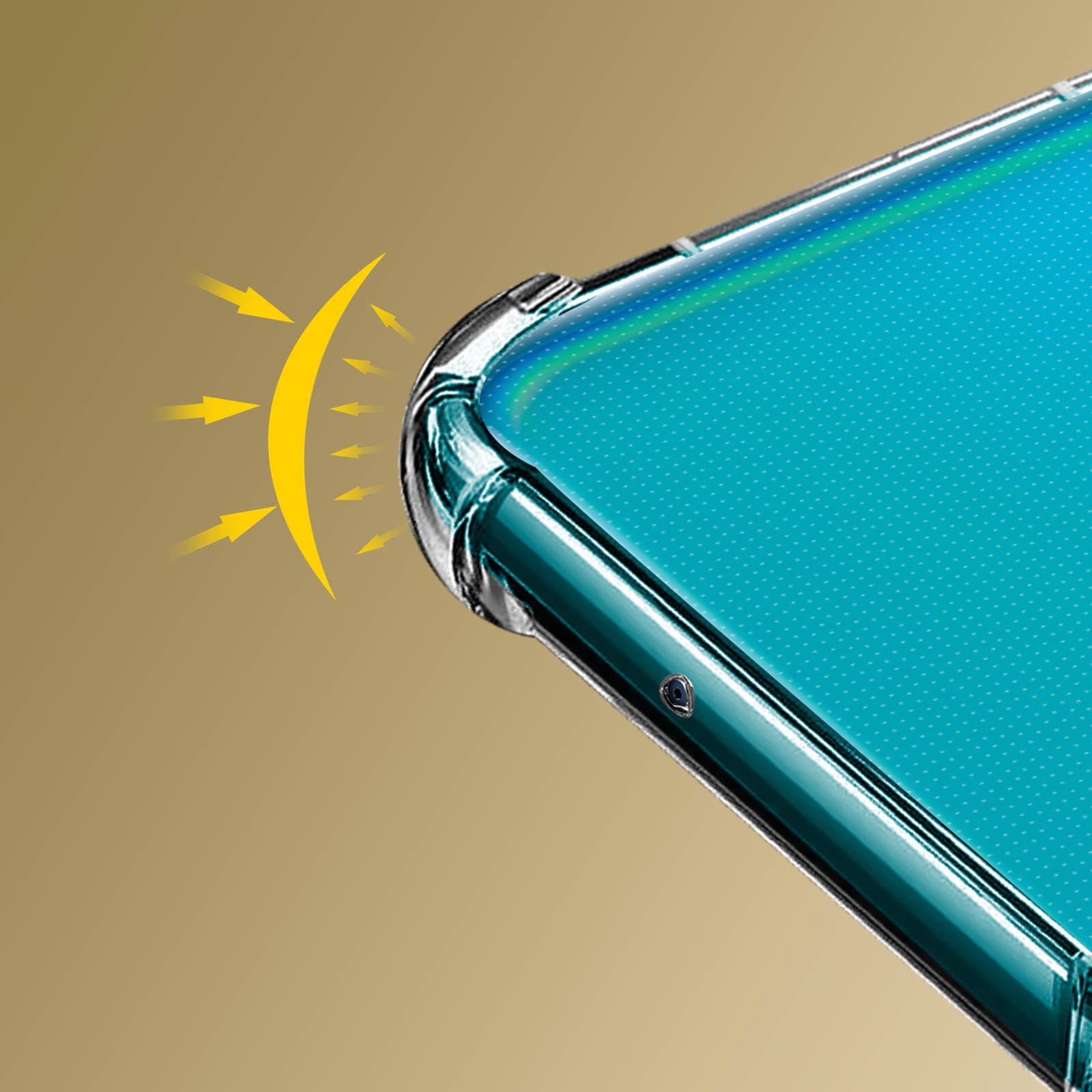 Angolo del telefono con protezione schermo installata. Vengono mostrati raggi di luce gialli.