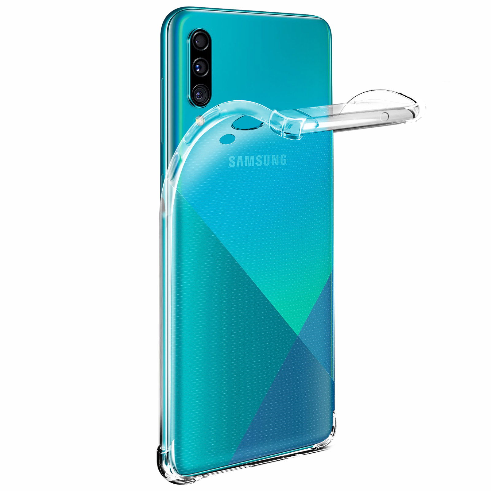 Custodia trasparente per telefono su un telefono verde acqua. La custodia è flessibile e copre la parte posteriore e i lati del telefono.