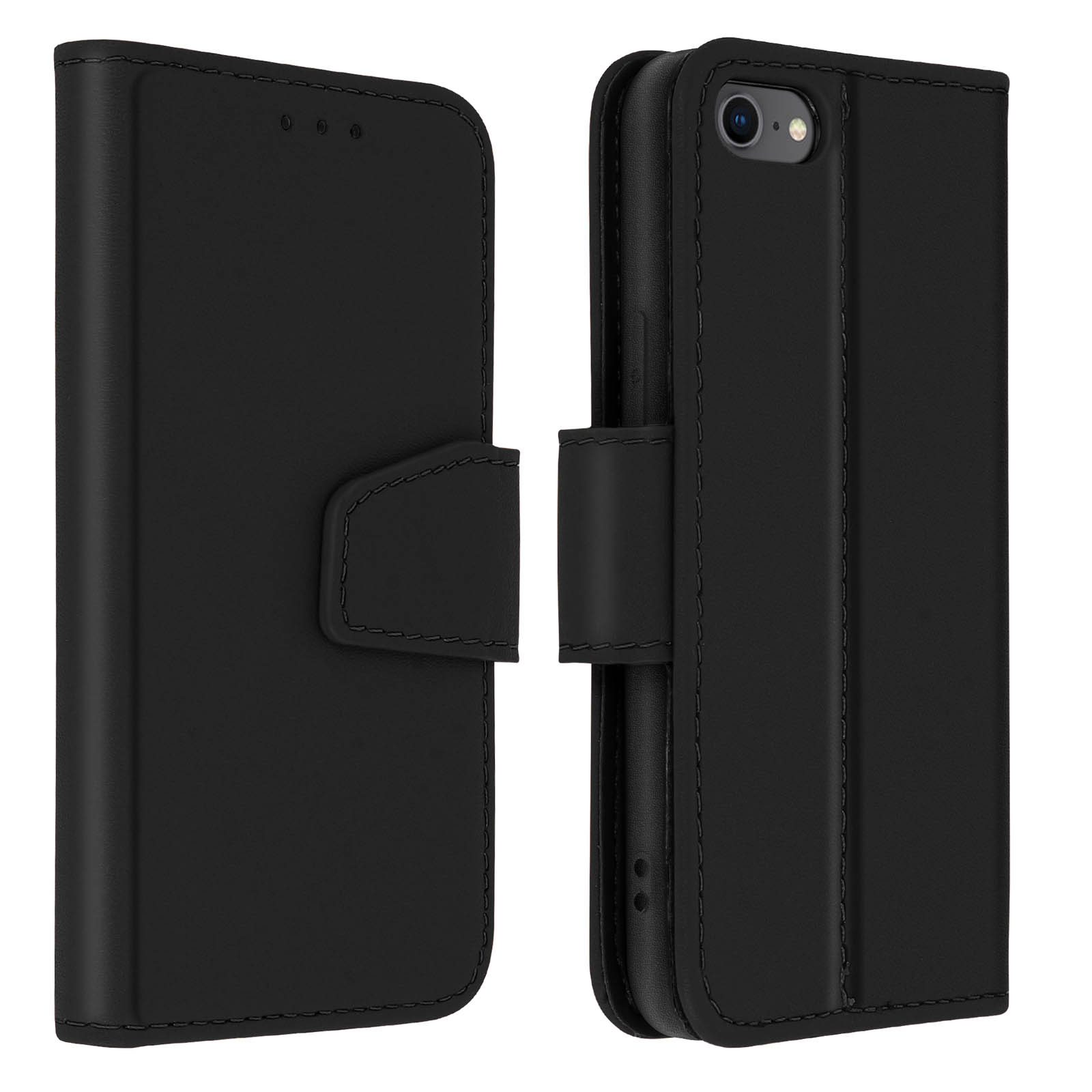 Étui en cuir noir, fermé à gauche, ouvert à droite. Téléphone à l'intérieur. Fermeture bouton.