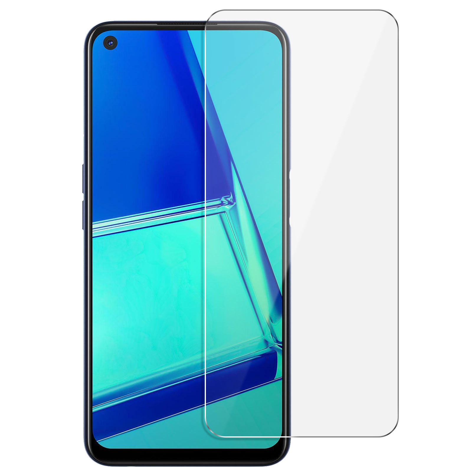Telefono con protezione schermo applicata. Lo schermo ha uno sfondo blu e una fotocamera.