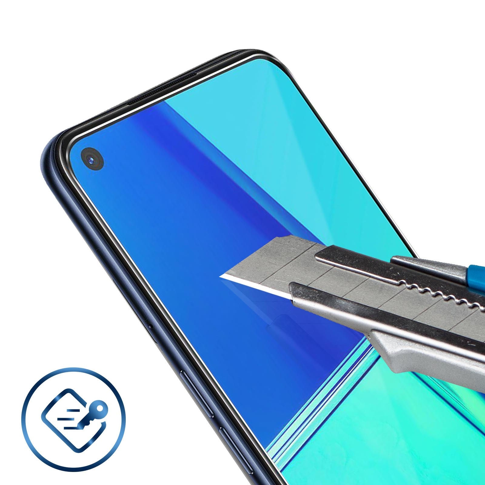 Un telefono blu con una protezione per lo schermo tagliata con un coltello. Logo in un angolo.