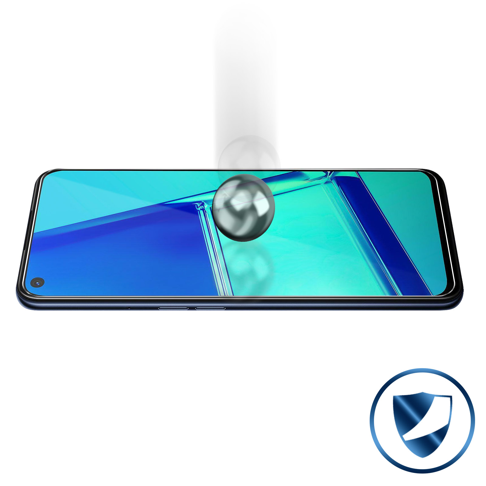 Schermo del telefono con una sfera che cade verso di esso. Sfondo bianco.