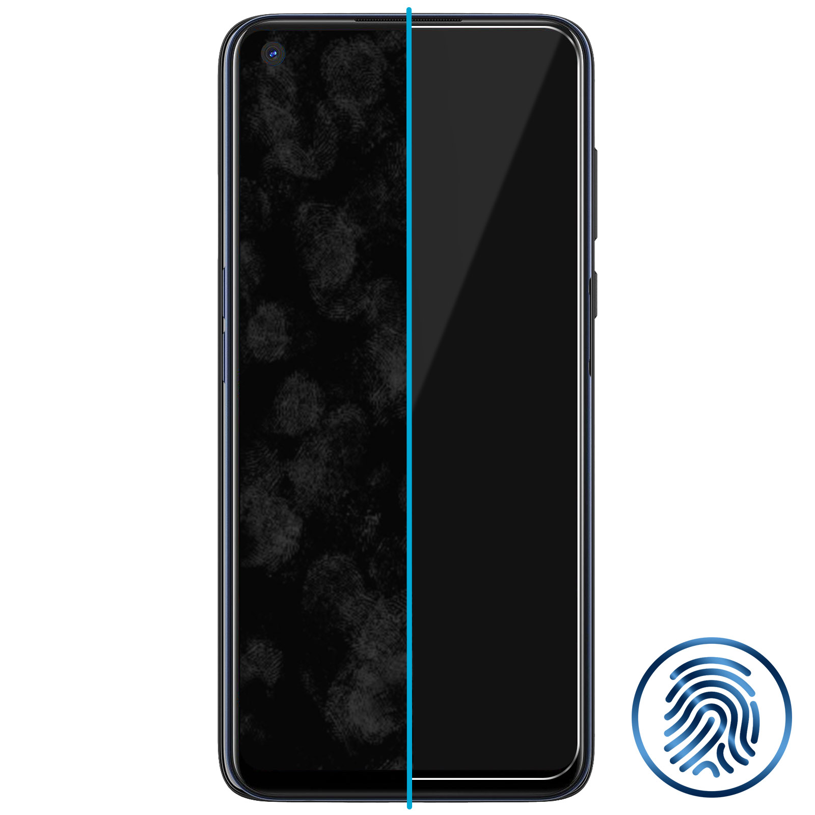 Schermo del telefono con scanner di impronte digitali attivato. Sinistra con impronte.