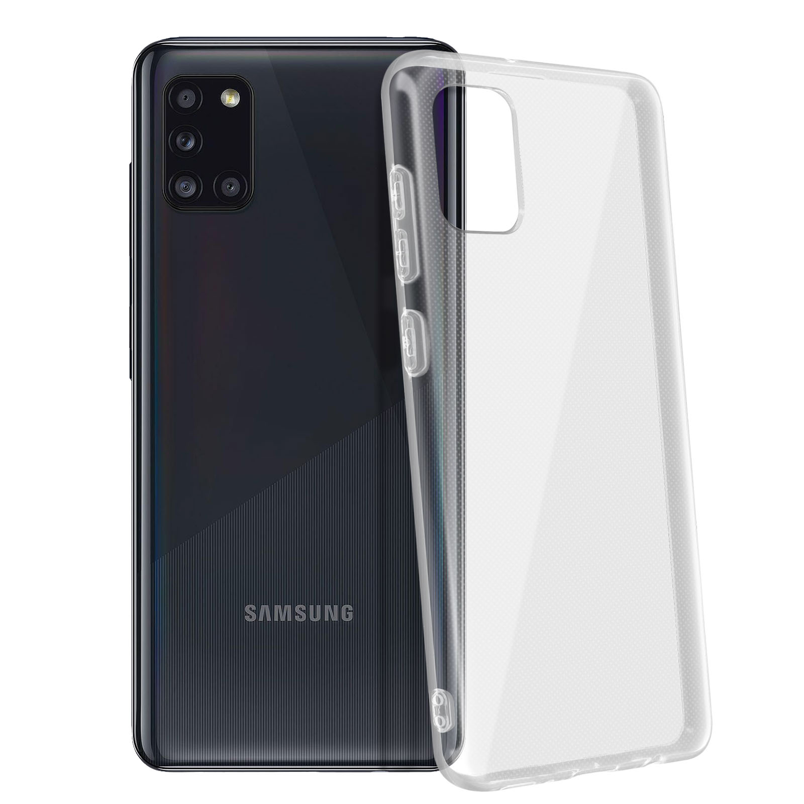 Un téléphone Samsung noir avec une coque transparente. Le téléphone est sur son dos avec la caméra et la coque est retirée.