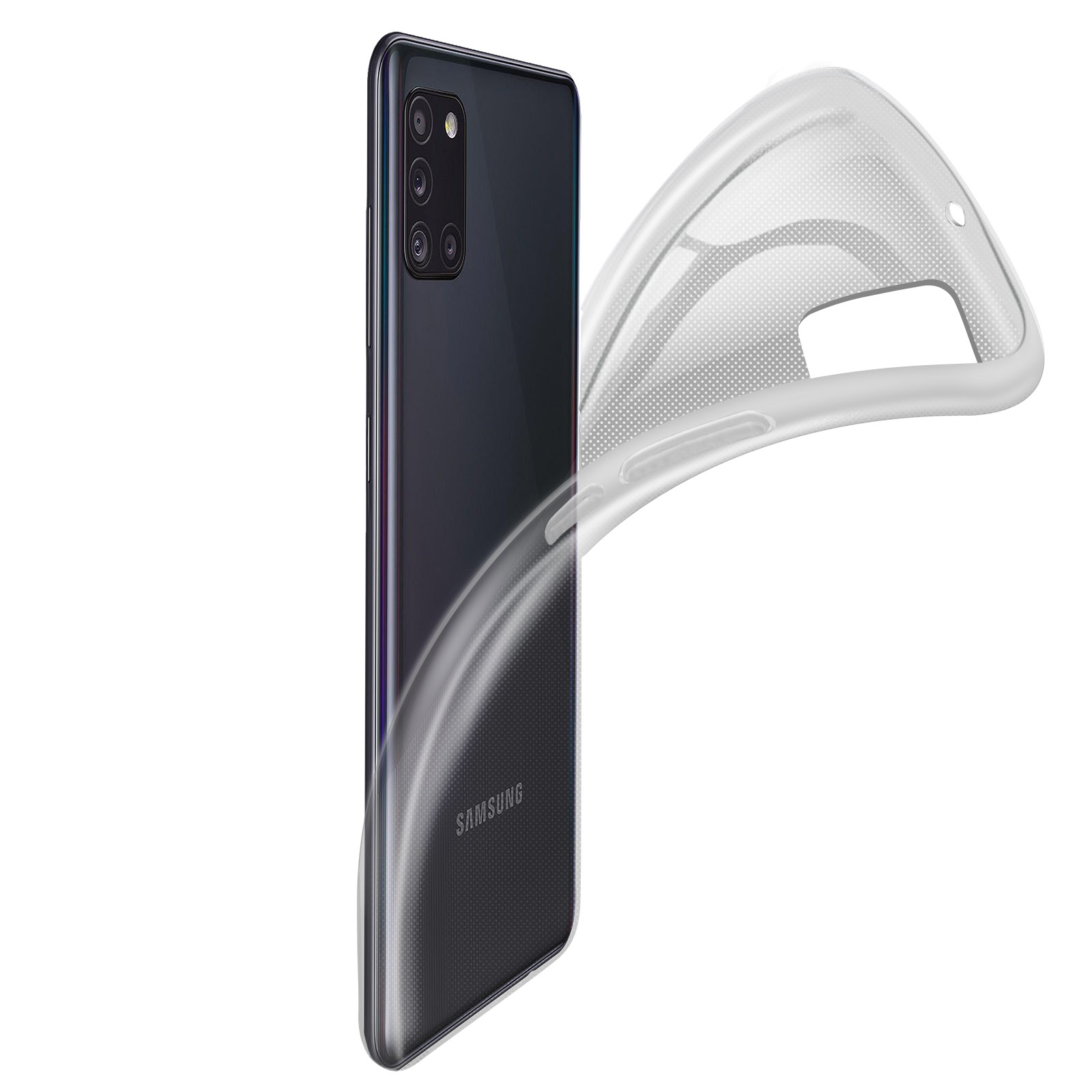 Coque de téléphone transparente sur un téléphone. Le téléphone est noir avec un dos à motifs. Fond blanc.