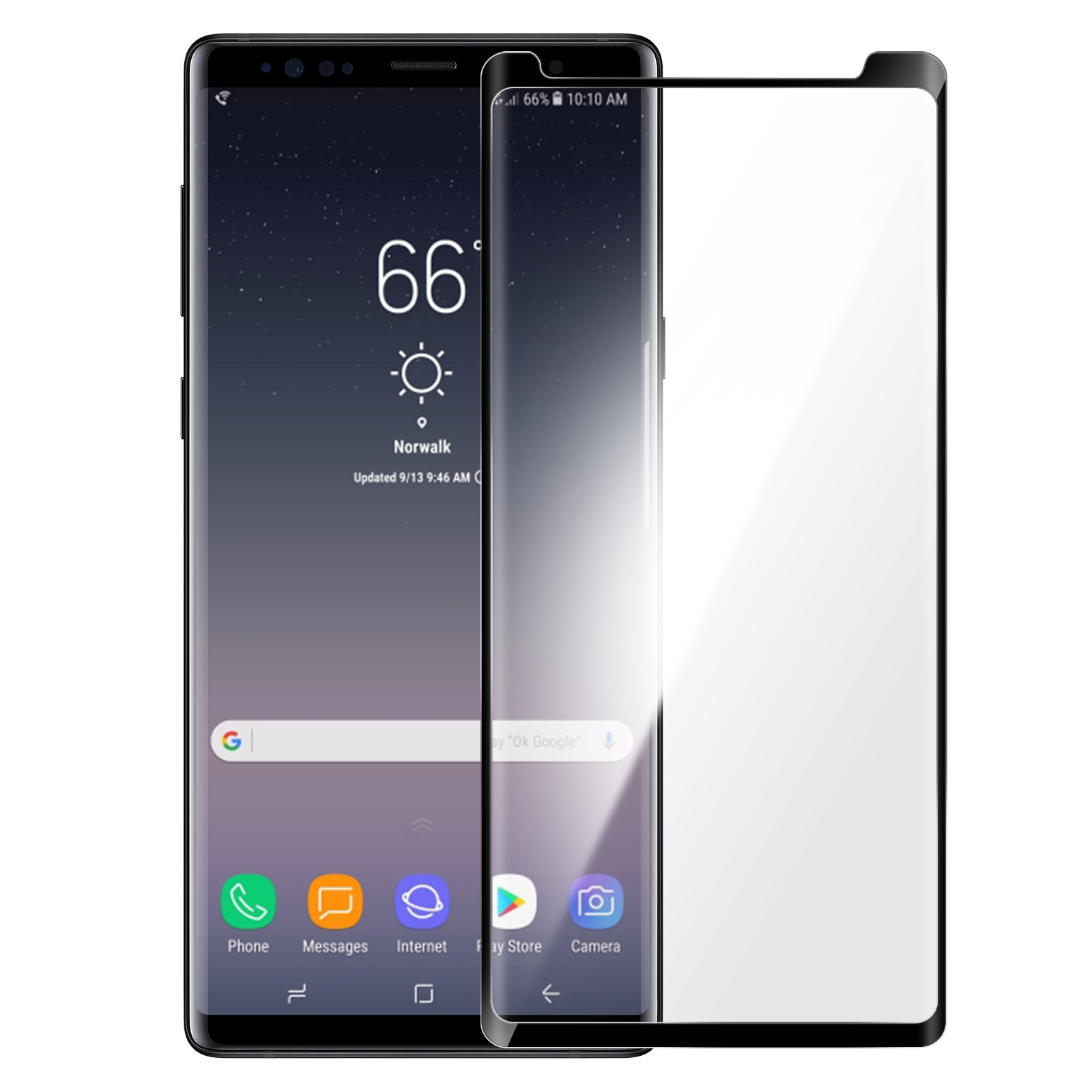 Schermo dello smartphone che mostra meteo, temperatura e icone delle app. È presente una protezione per lo schermo. Il telefono è nero.
