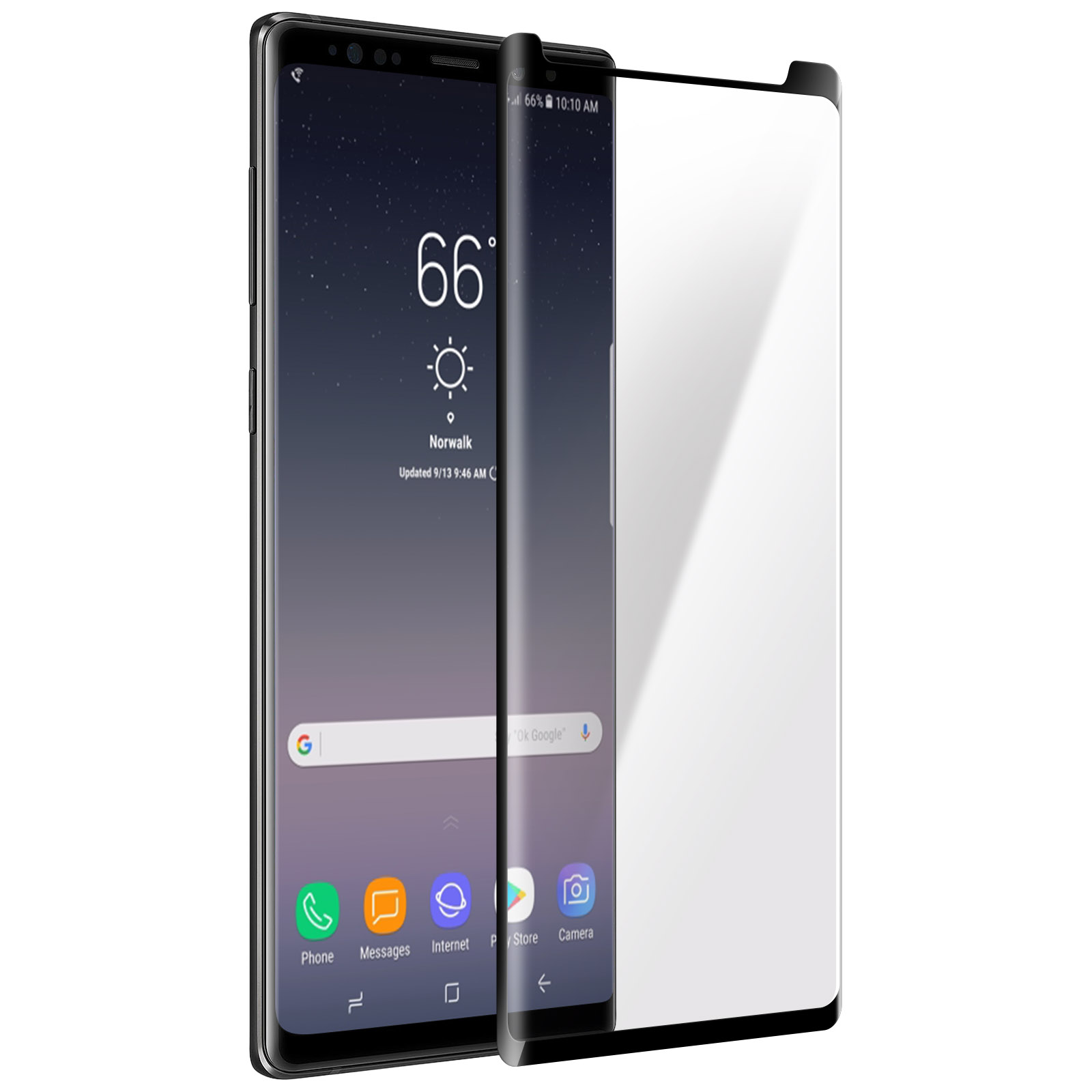 Uno smartphone con protezione schermo. Lo schermo mostra informazioni meteo e icone app. Sfondo bianco a destra.