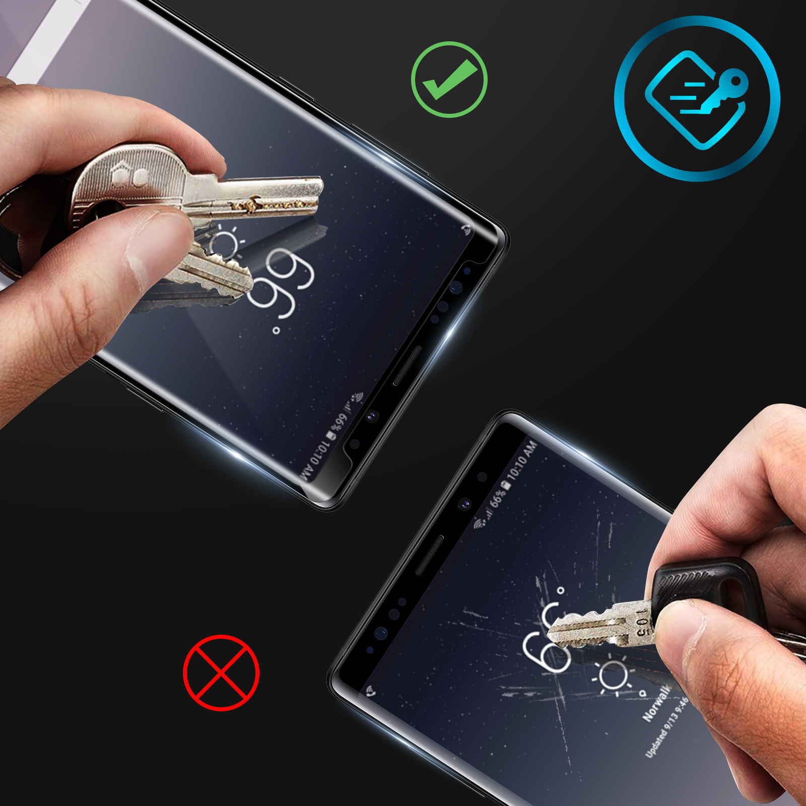 Mani che tengono le chiavi sopra due telefoni. Un telefono è intatto, l'altro è rotto. Sono presenti segni di spunta e X.