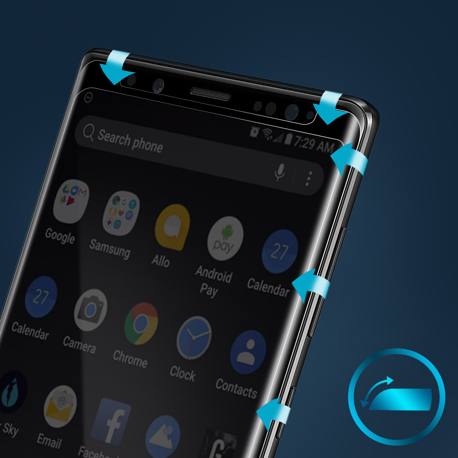 Uno schermo di smartphone mostra app come Google, Samsung, Calendario e altro. L'ora è 7:29. Frecce blu indicano il bordo dello schermo.
