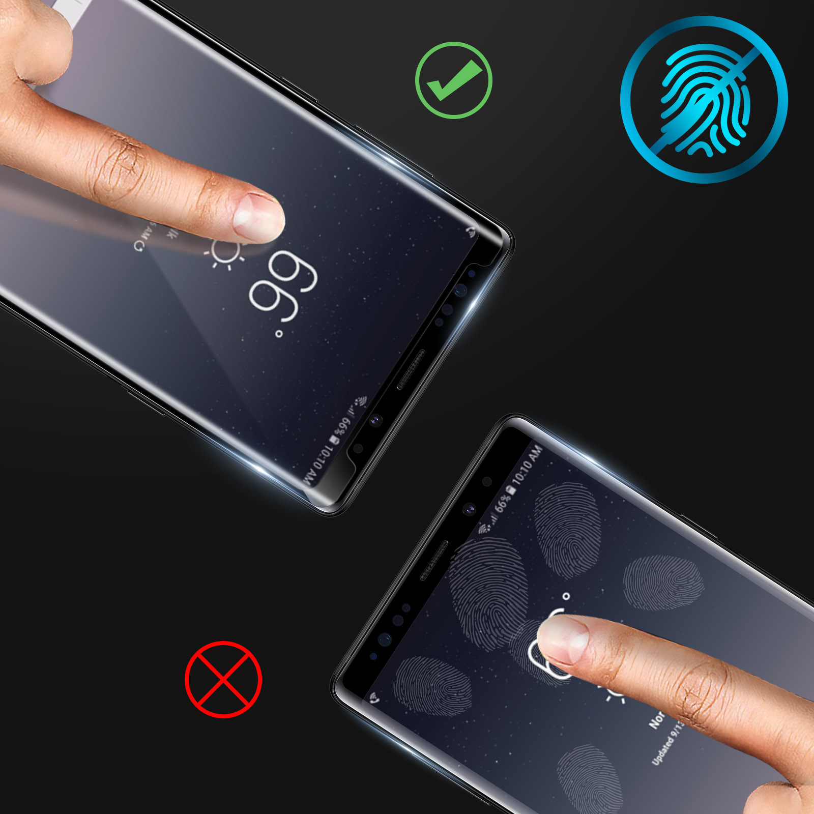 Due smartphone con dita che toccano gli schermi. Uno mostra ora e temperatura, l'altro impronte digitali. Icone di spunta verde e croce rossa.