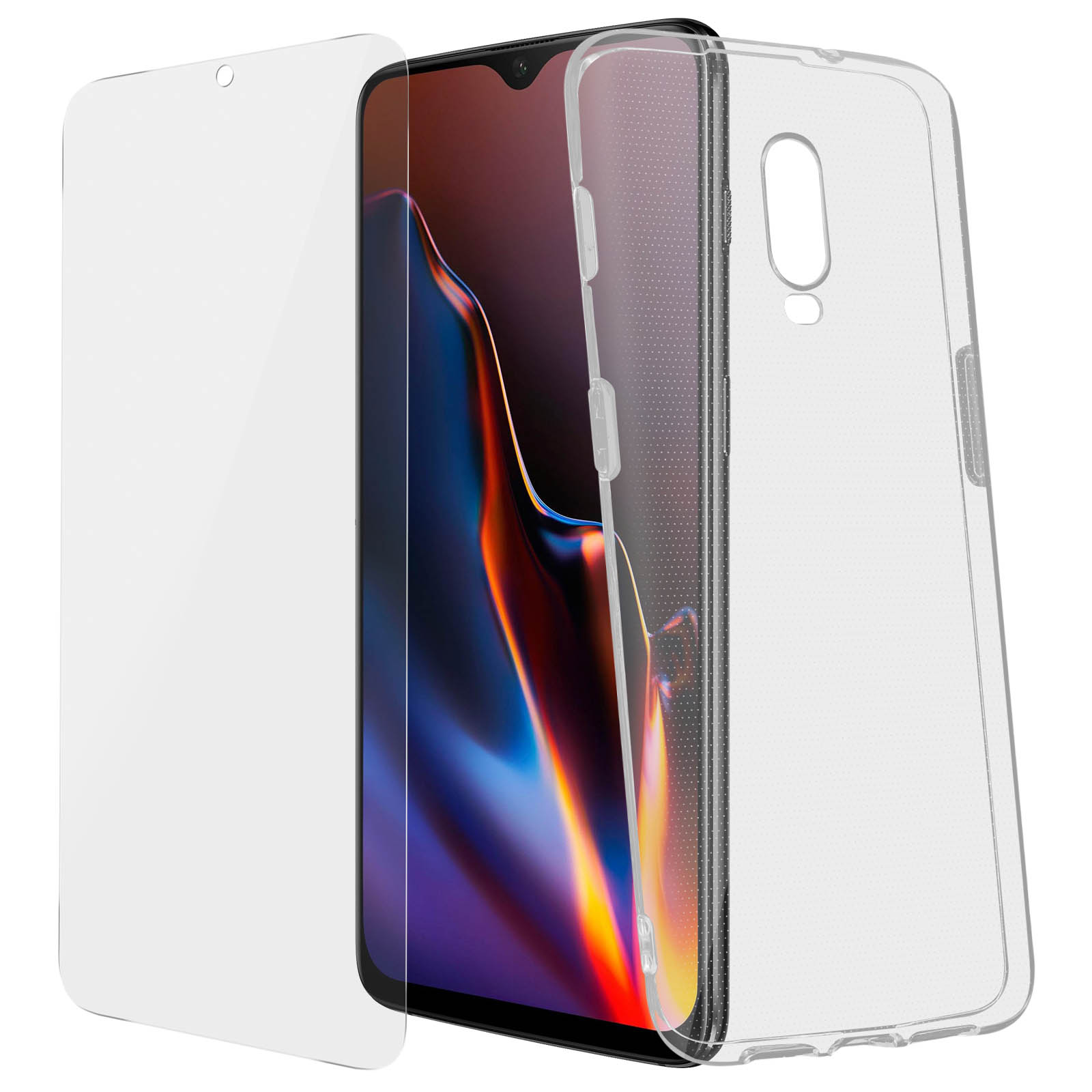 Custodia trasparente per telefono, protezione schermo e telefono. Custodia trasparente, schermo e schermo del telefono visibili.