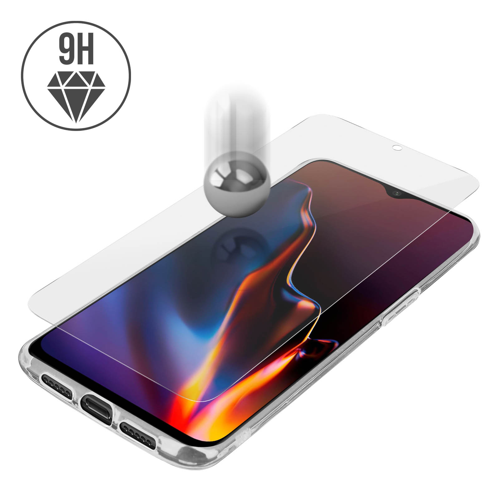 Un telefono con protezione schermo testato con una sfera metallica che cade.