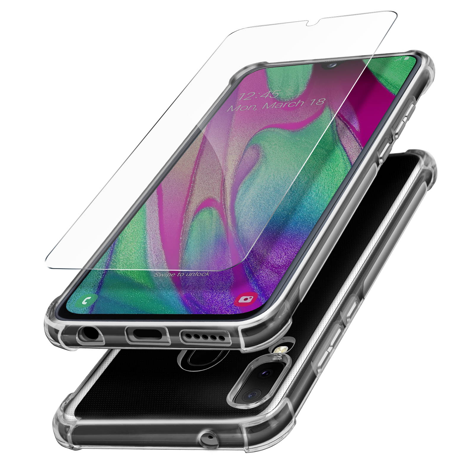 Un telefono con protezione schermo e custodia trasparente sopra una custodia.