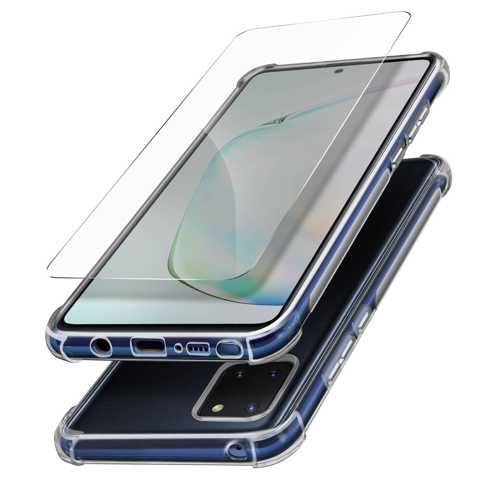Un telefono e una protezione per lo schermo in una custodia trasparente.