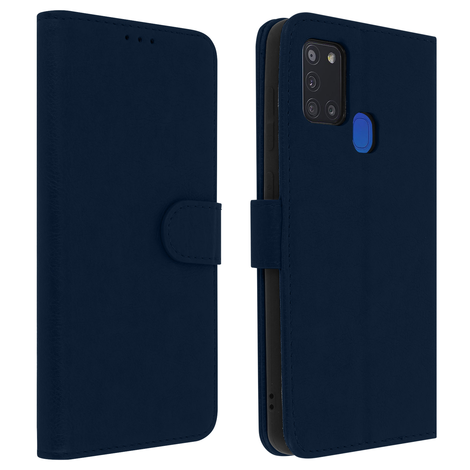 Una custodia a portafoglio blu scuro, aperta per mostrare il telefono e gli slot per schede. La custodia ha una chiusura.