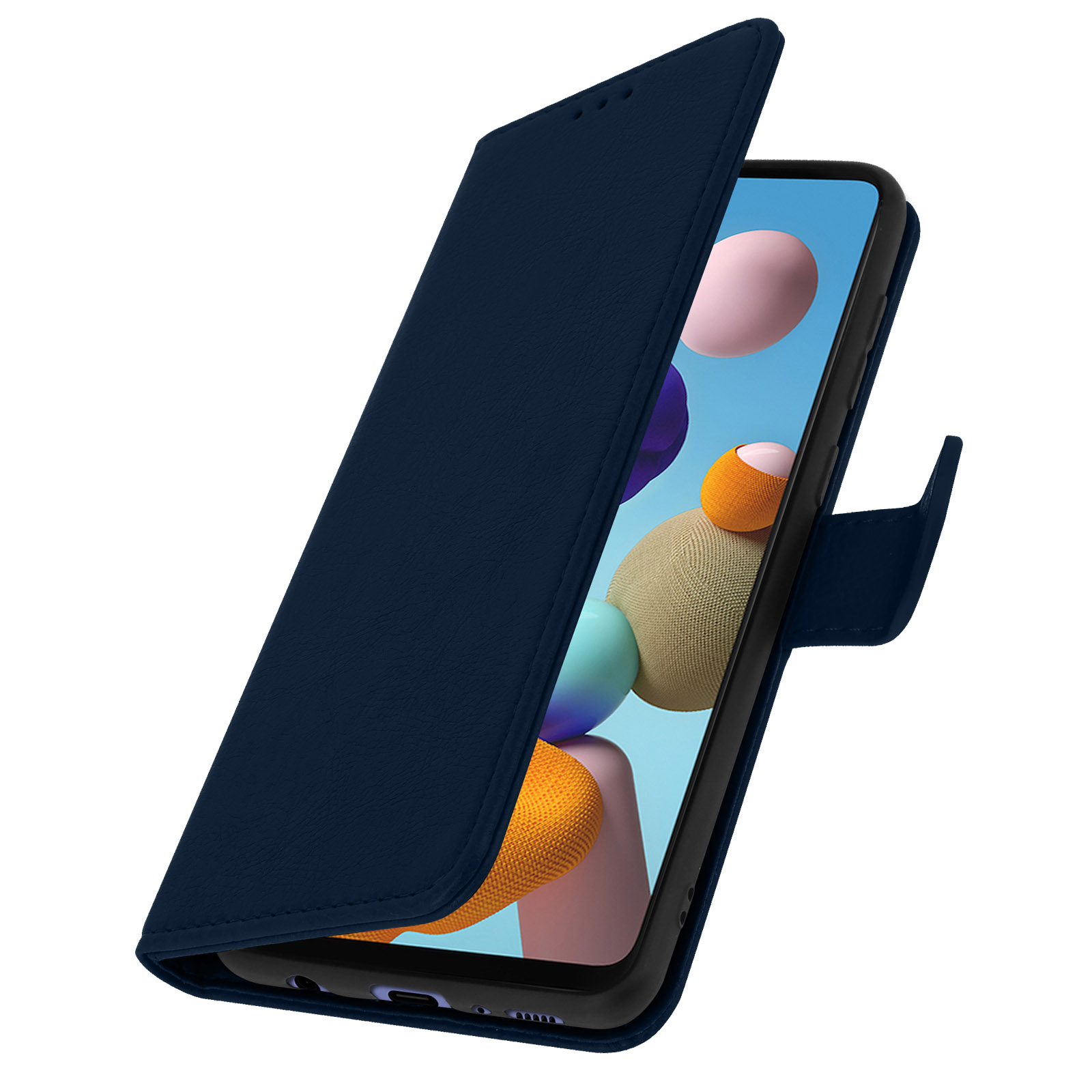 Custodia per telefono blu, aperta. Il telefono è dentro la custodia. Il suo schermo mostra forme colorate.