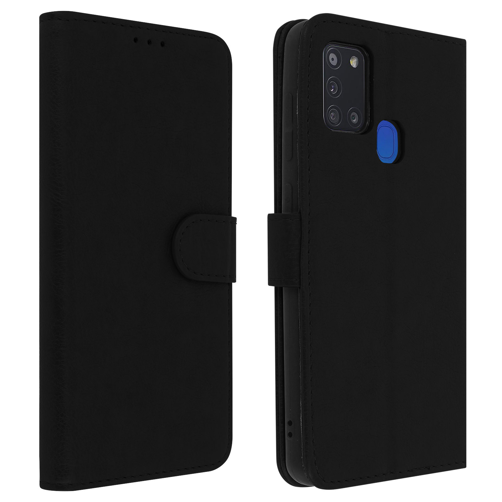 Zwarte telefoonhoes, open en dicht, voor- en achteraanzicht.