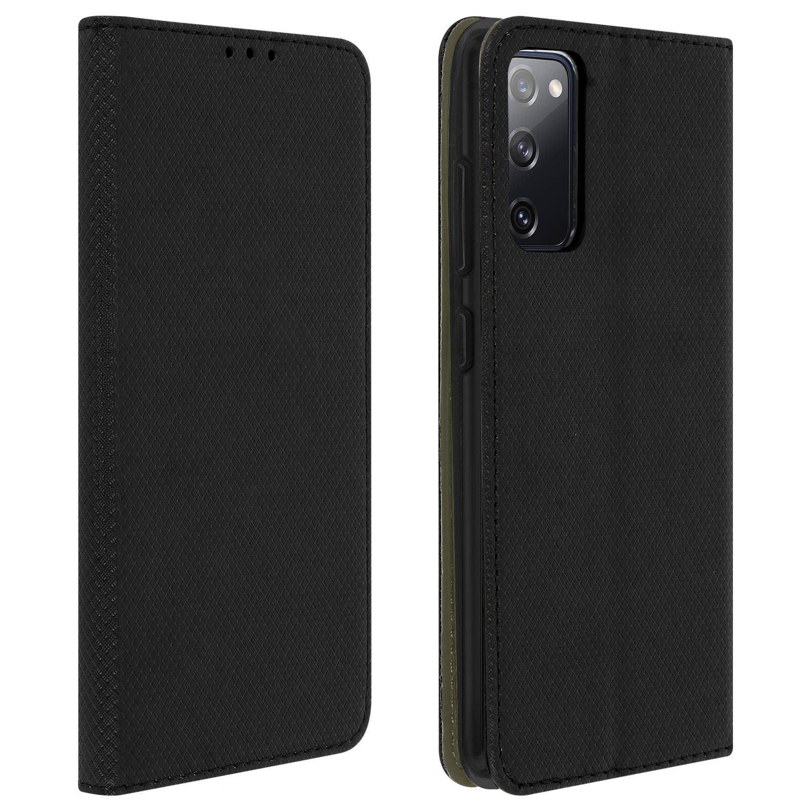 Zwarte telefoonhoes, open en dicht, met een telefoon erin.