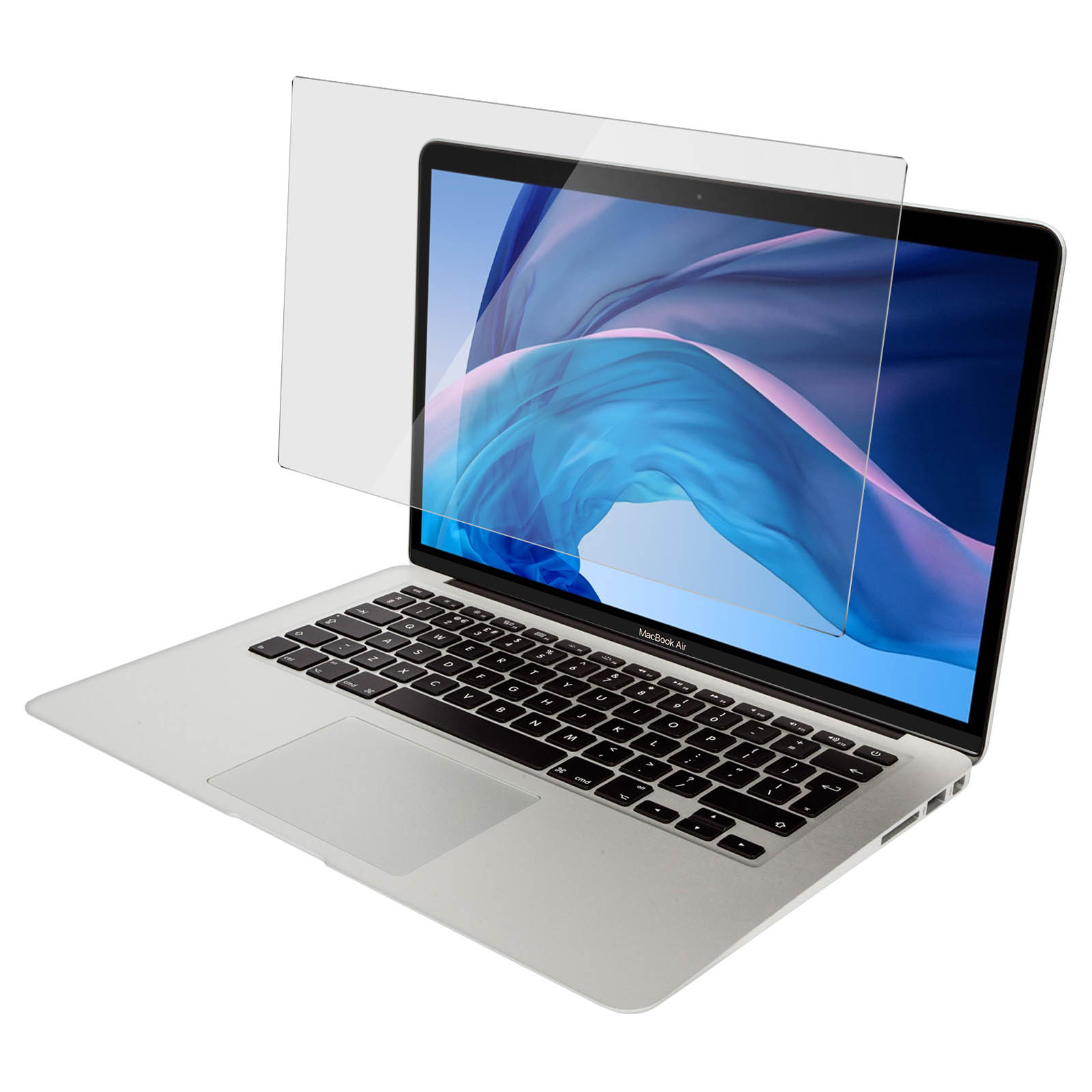 Laptop con una protezione per lo schermo applicata, che mostra lo schermo e la protezione.