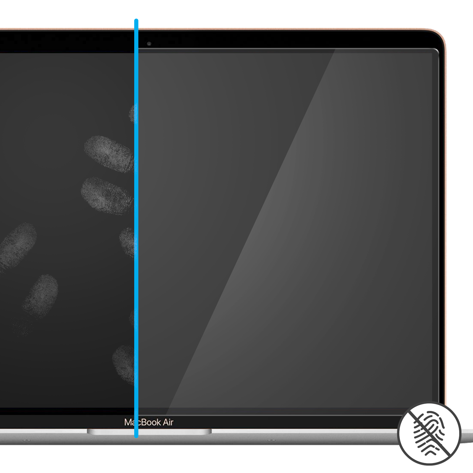 Schermo del laptop con impronte digitali sul lato sinistro. Una linea blu divide lo schermo.