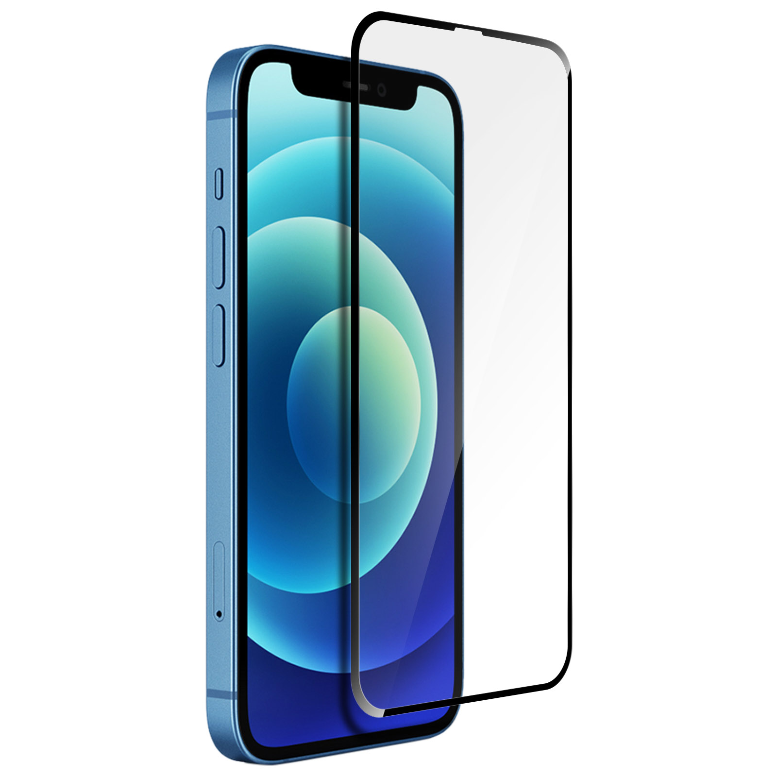 iPhone blu con protezione schermo. Lo schermo del telefono mostra una sfumatura blu e bianca. La protezione è trasparente e con cornice nera.