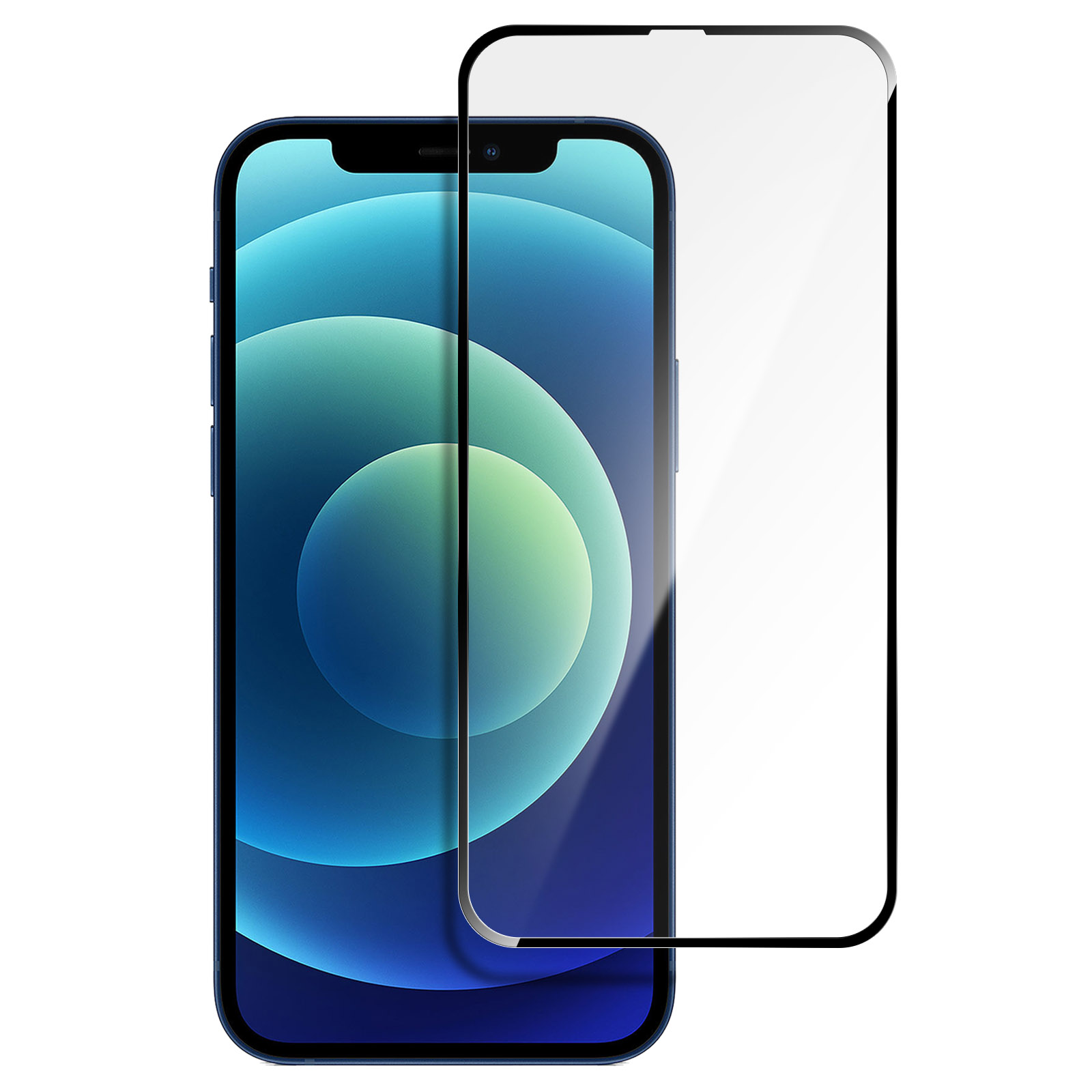 iPhone blu con protezione schermo. Lo schermo del telefono mostra una sfumatura blu e verde. La protezione è trasparente.