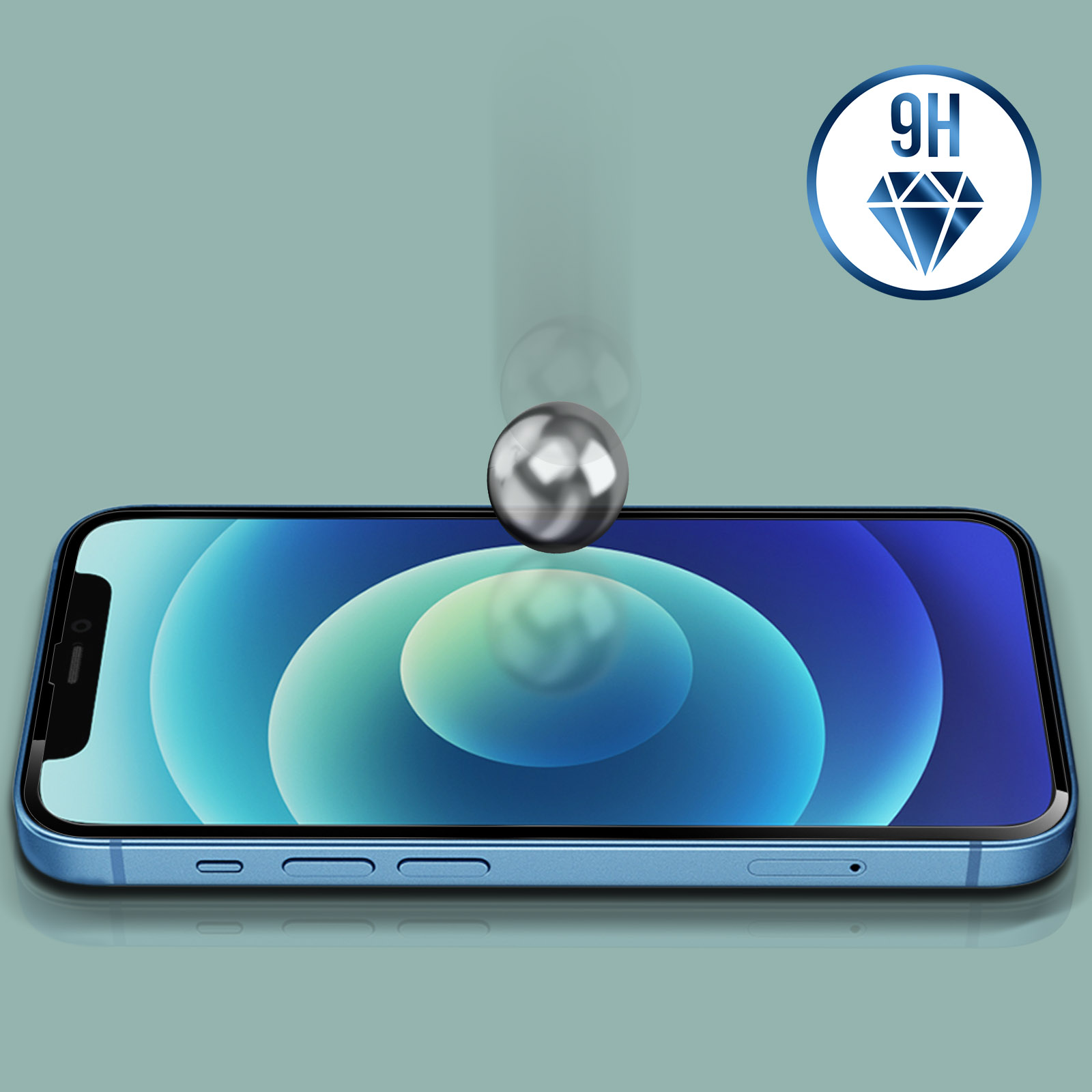 Uno smartphone blu con una sfera metallica che cade sullo schermo. Sfondo con un logo diamante.
