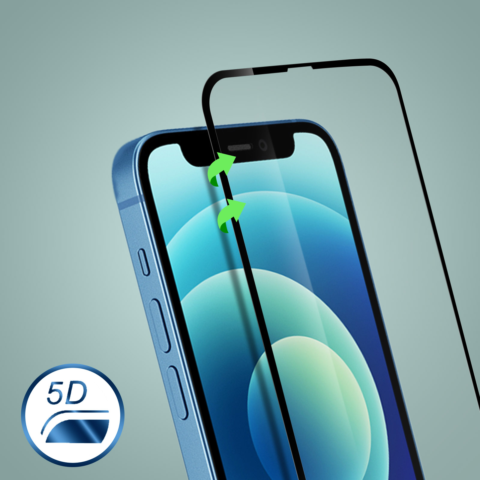 L'immagine mostra un telefono blu a cui viene applicata una protezione per lo schermo. Frecce verdi indicano la direzione. Un logo 5D è visibile.