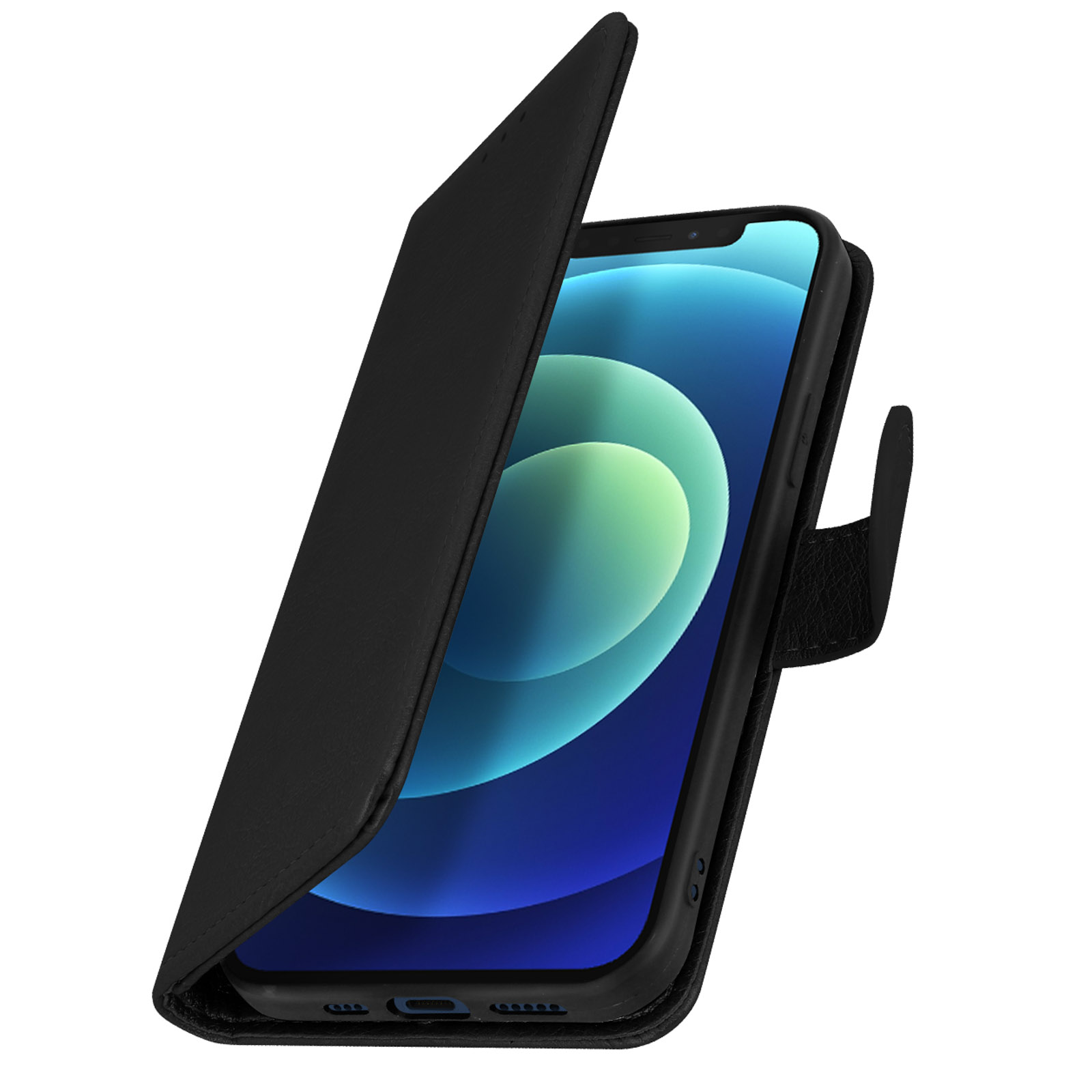 Zwarte telefoonhoes open, toont scherm met blauwe en witte afbeelding. Op witte achtergrond.