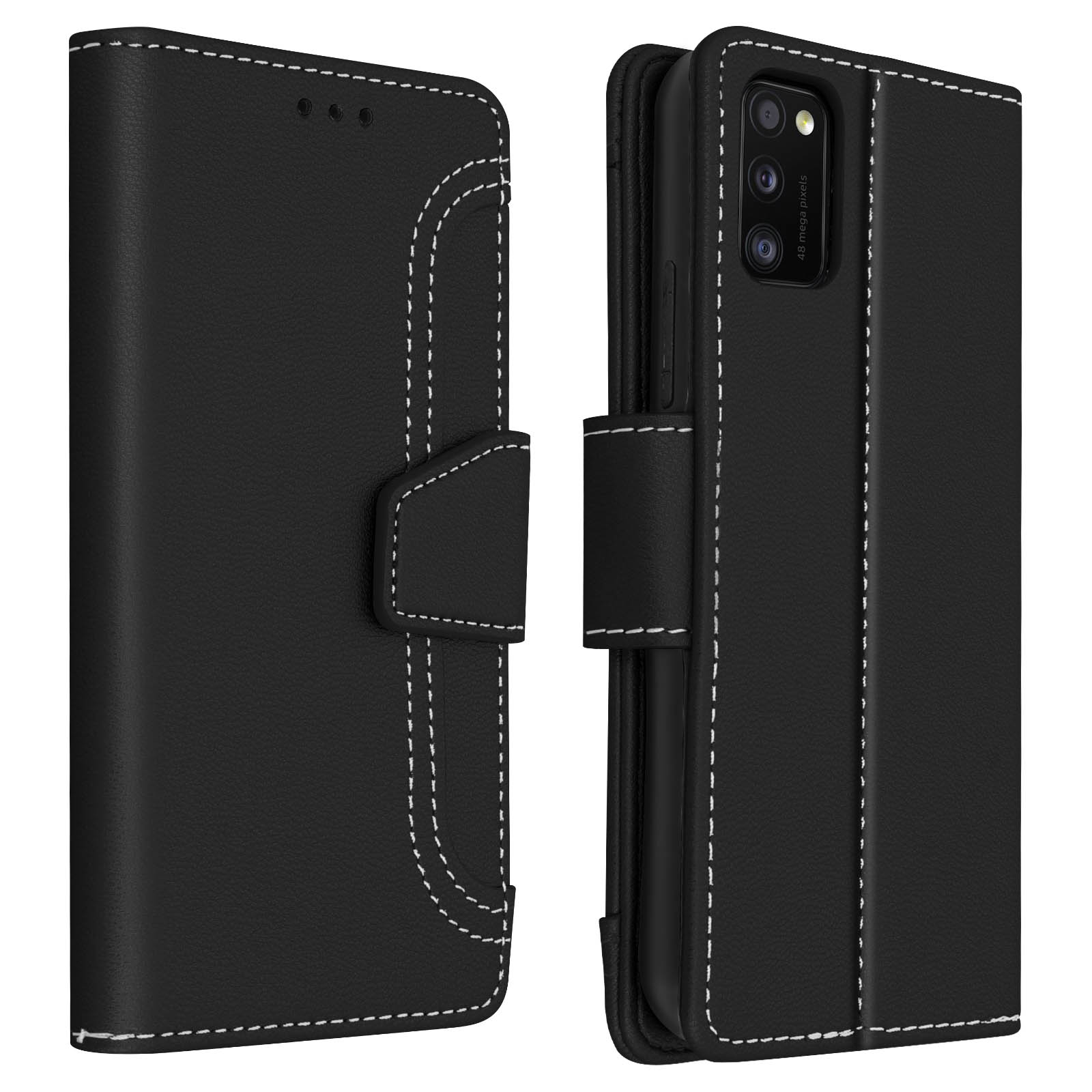 Una custodia a portafoglio nera per telefono con cuciture bianche e chiusura magnetica. La custodia è chiusa.