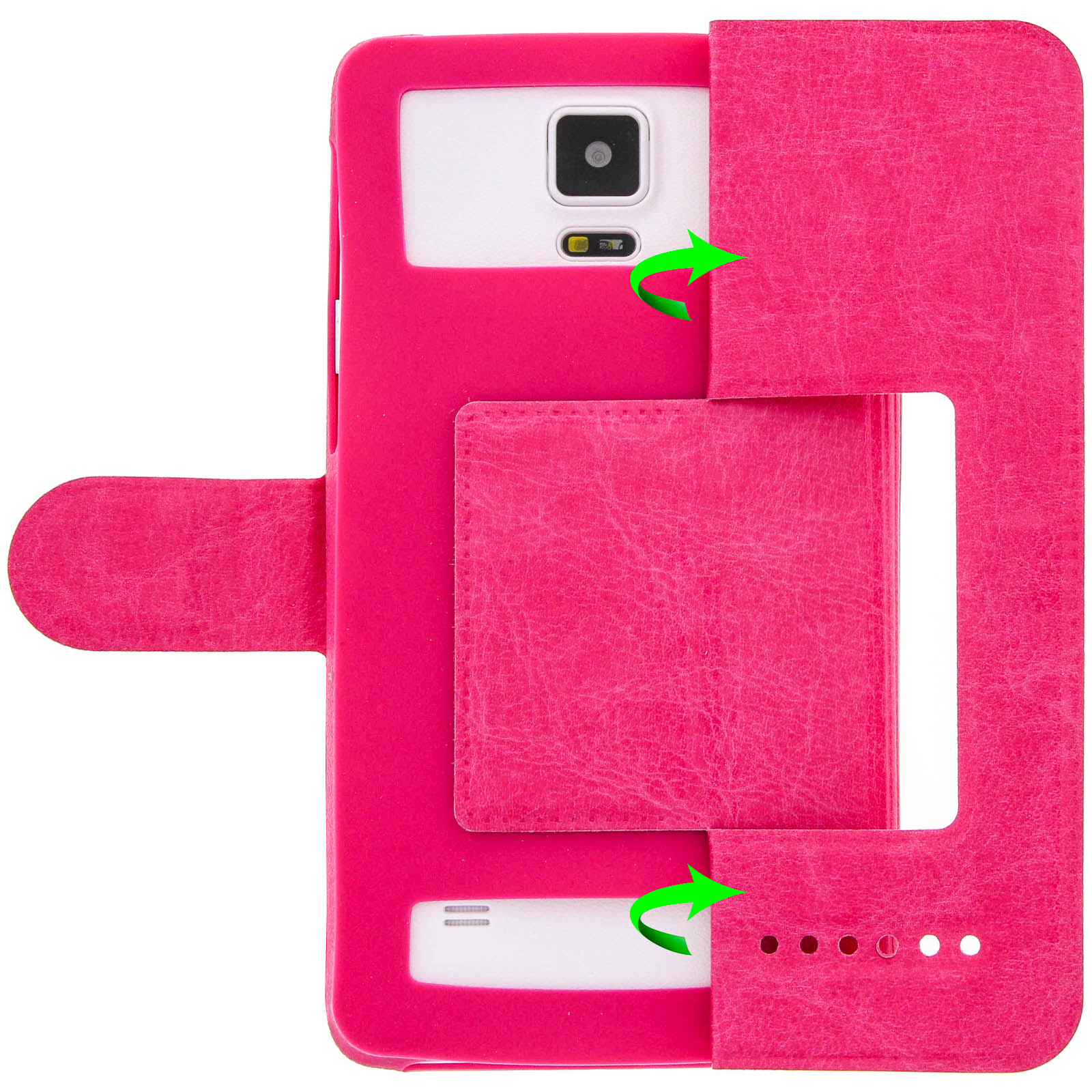 Una custodia per telefono rosa acceso, aperta, con fessura per carte e telefono bianco. Frecce verdi indicano l'apertura.